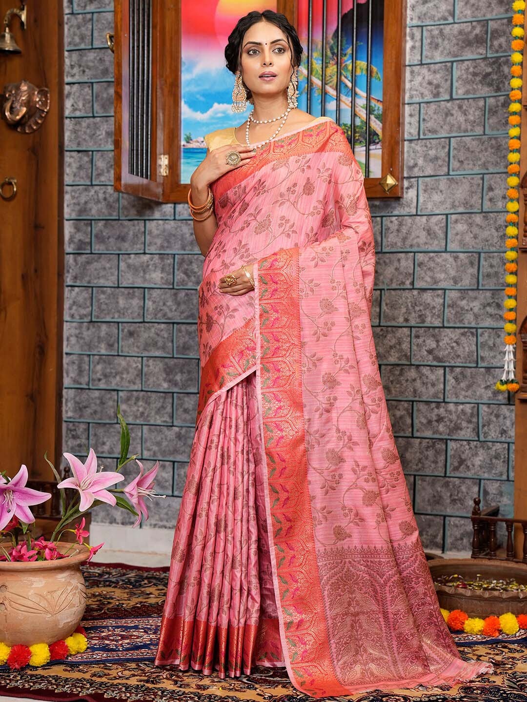 

Satrani Pink & Red Floral Woven Design Zari Banarasi Saree