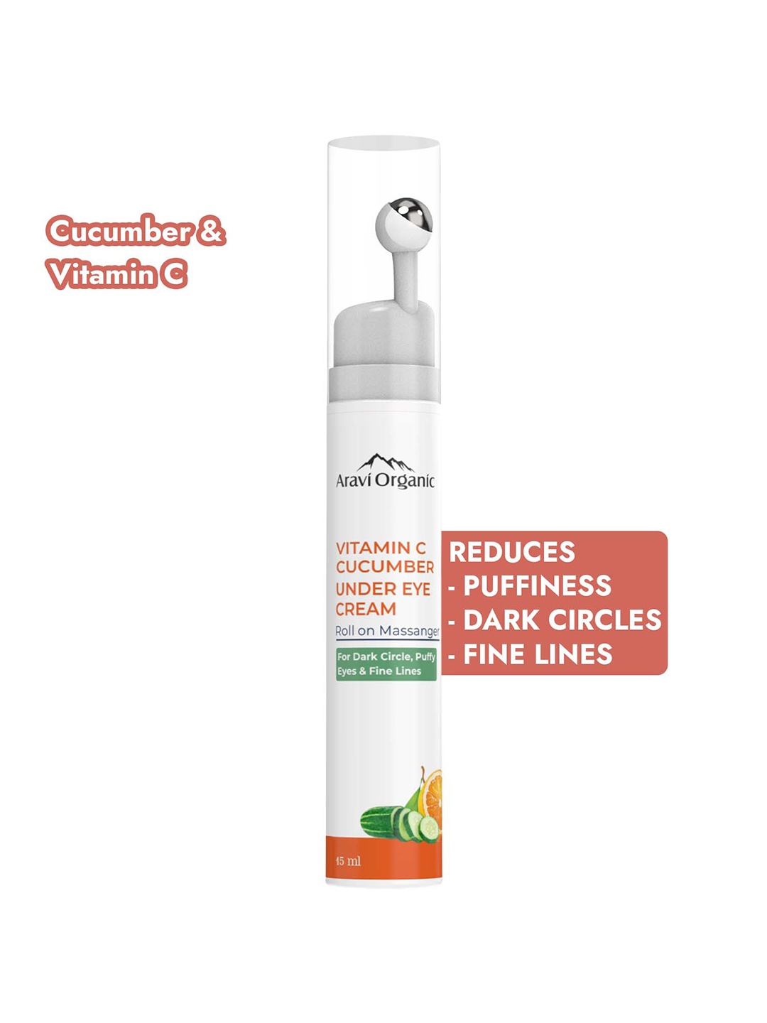 

Aravi Organic Vitamin C Under Eye Cream with Roller for Dark Circles & Fine Lines - 15 ml, White