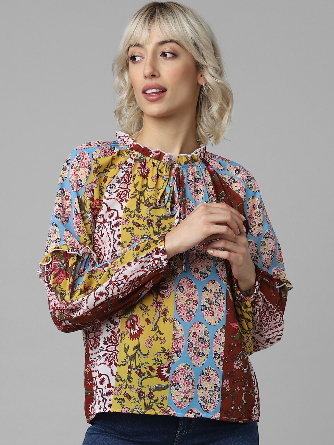 

ONLY Floral Printed Tie-Up Neck Puff Sleeves Top, Maroon