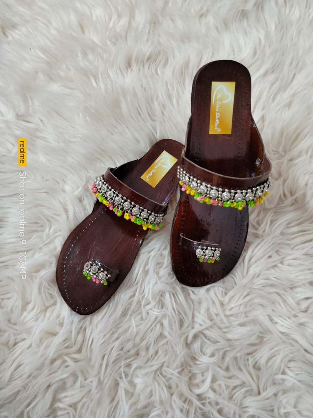 

The Desi Dulhan Embellished Leather Kolhapuri Ethnic One Toe Flats, Brown