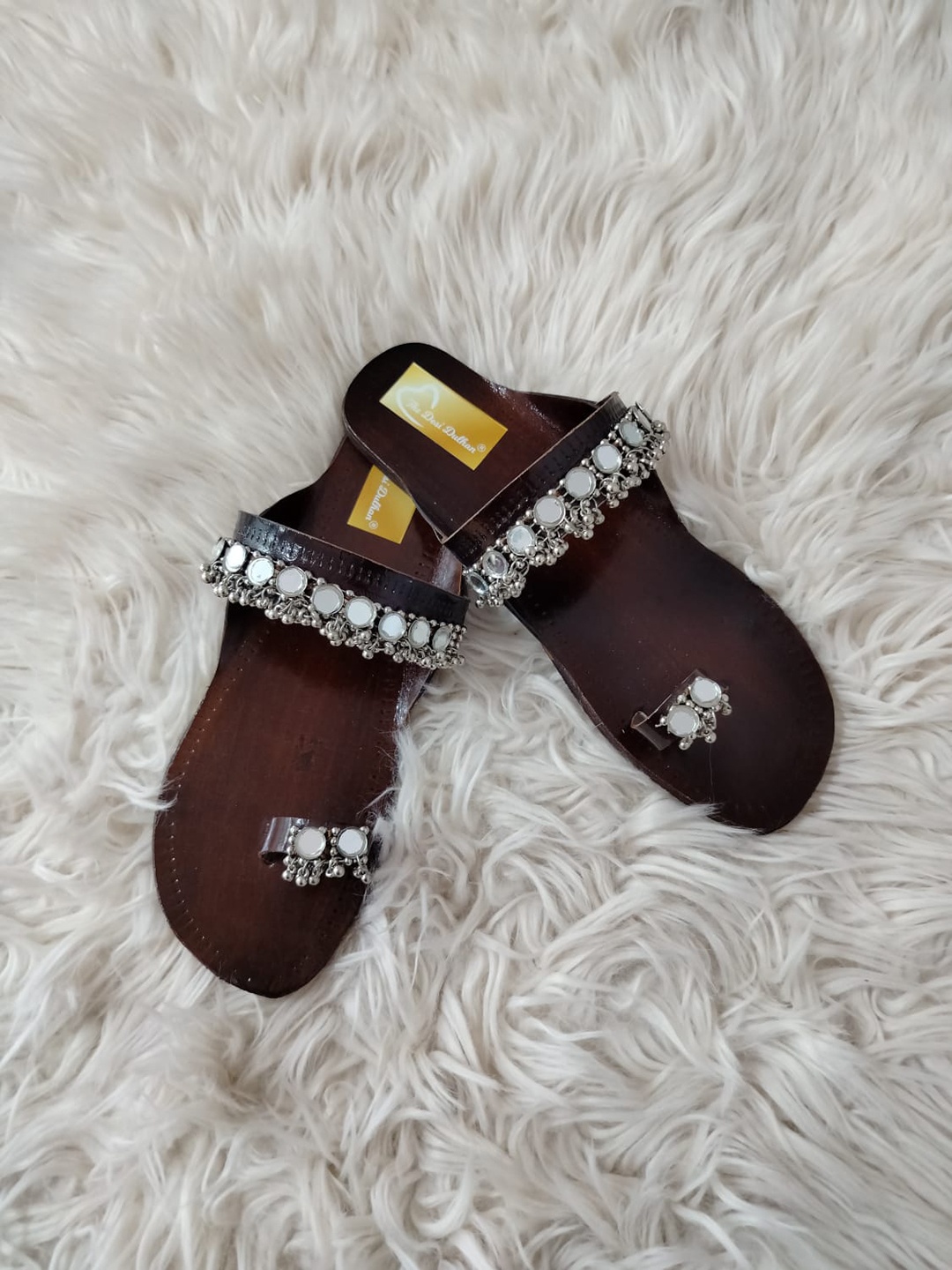 

The Desi Dulhan Embellished Leather Ethnic One Toe Flats, Brown