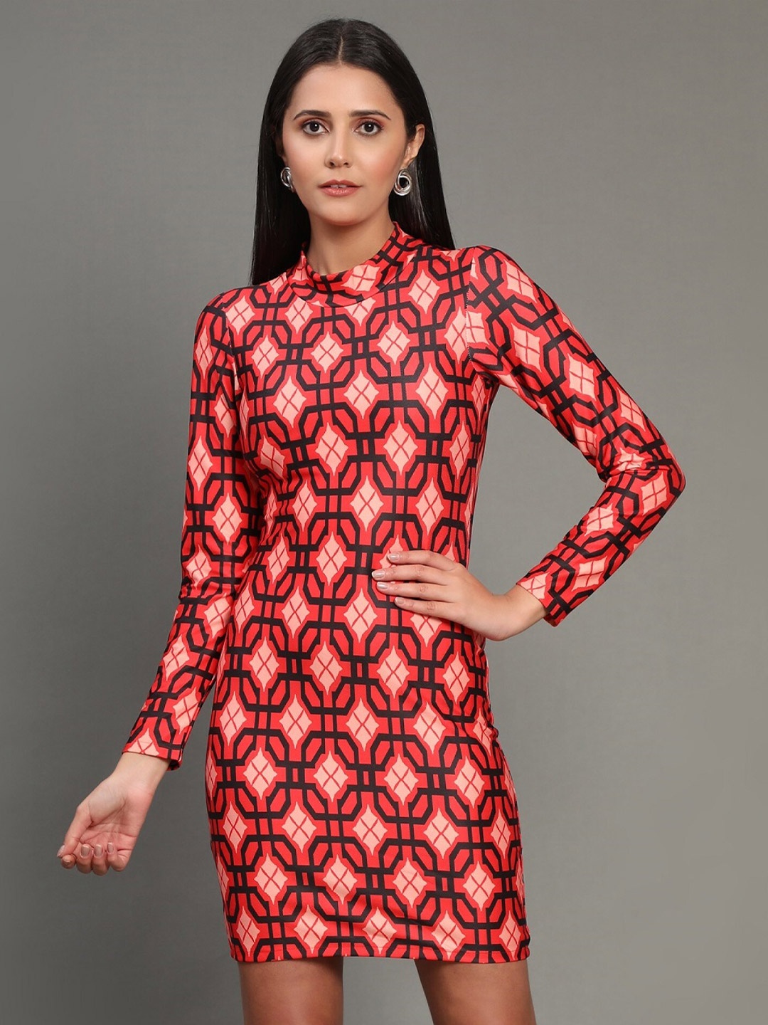 

KALINI Geomentric Printed Mini Bodycon Dress, Red