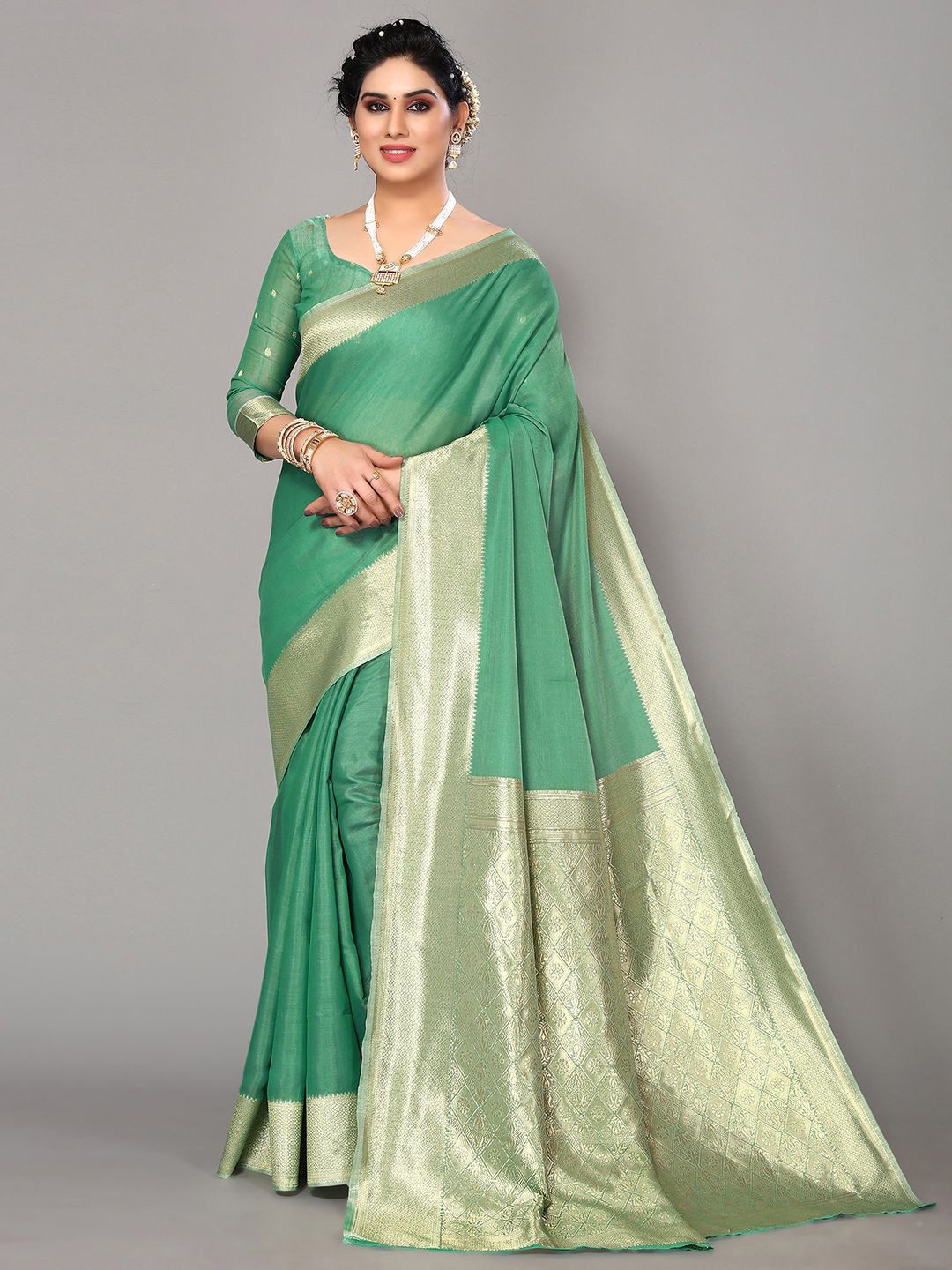 

SIRIL Ethnic Motif Polycotton Zari Saree With Blouse Piece, Green