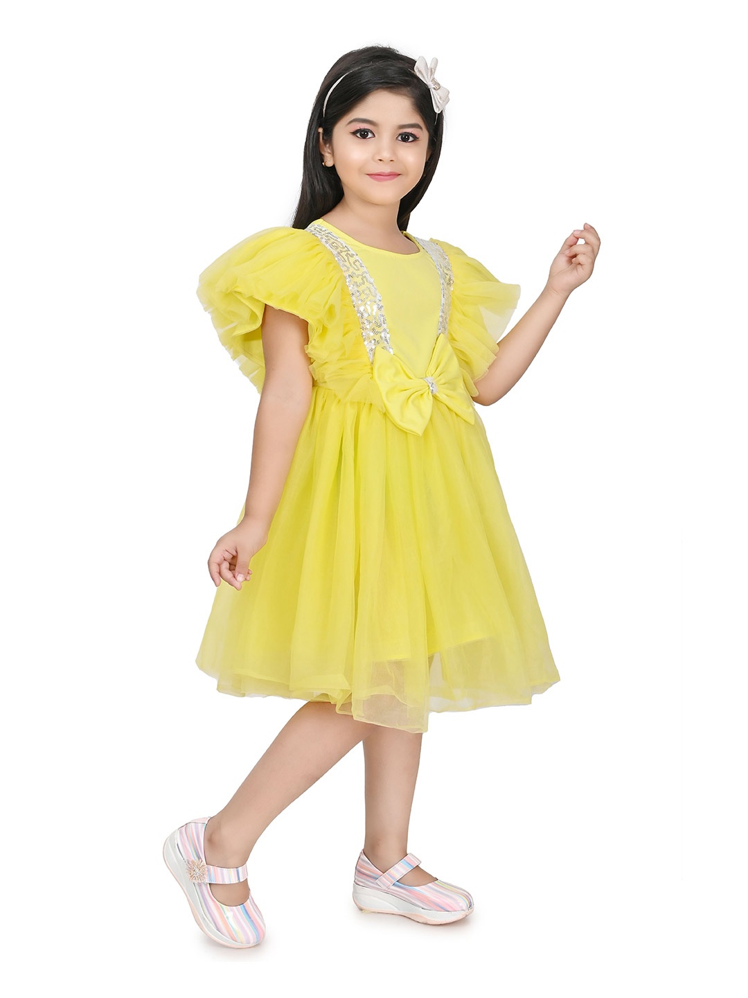 

carrydreams Girls Flutter Sleeves Embellished Bow Detail Net Fit & Flare Dress, Yellow