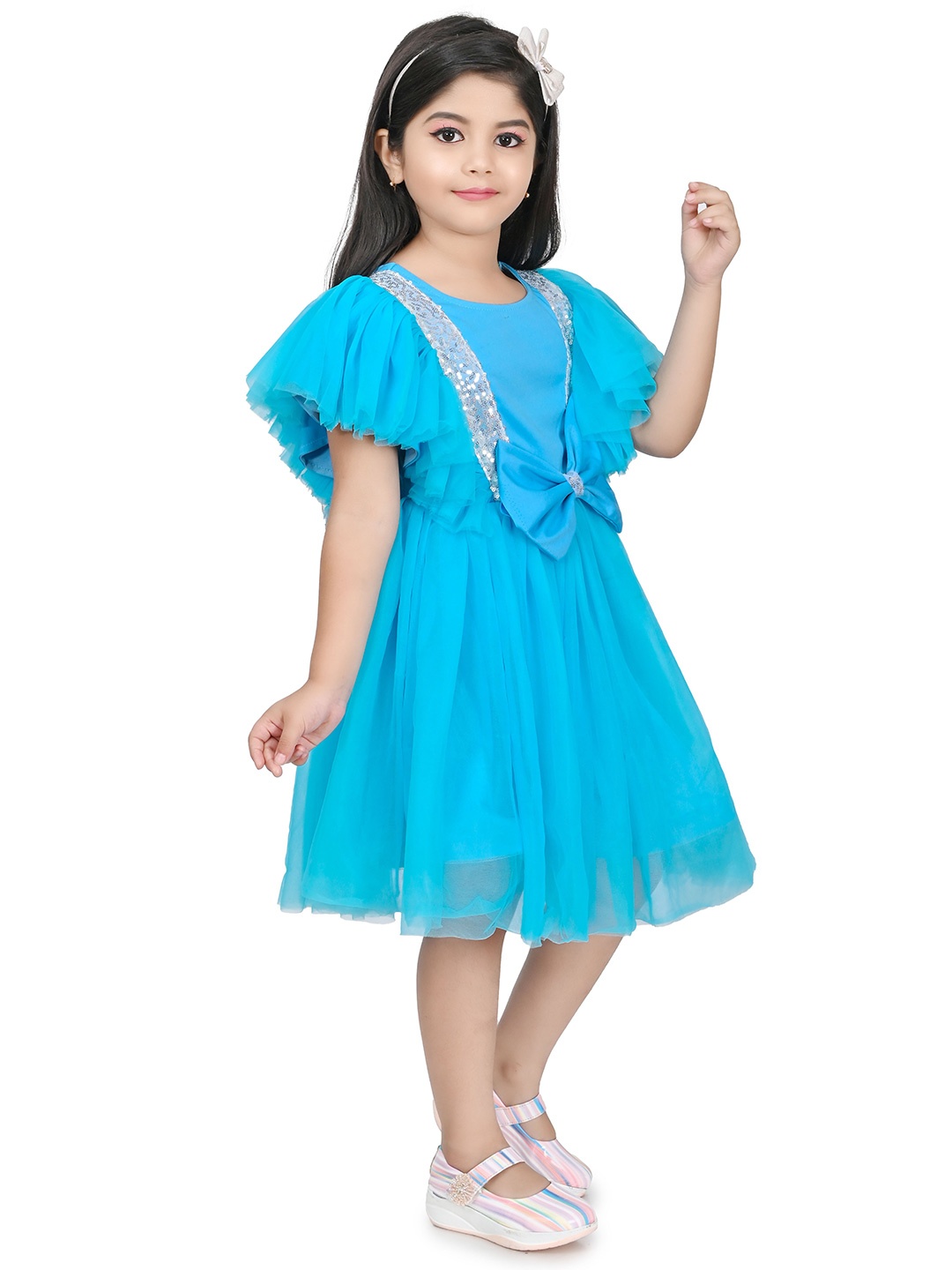 

carrydreams Round Neck Flared Sleeves Gathered Or Pleated Fit & Flare Dress, Blue