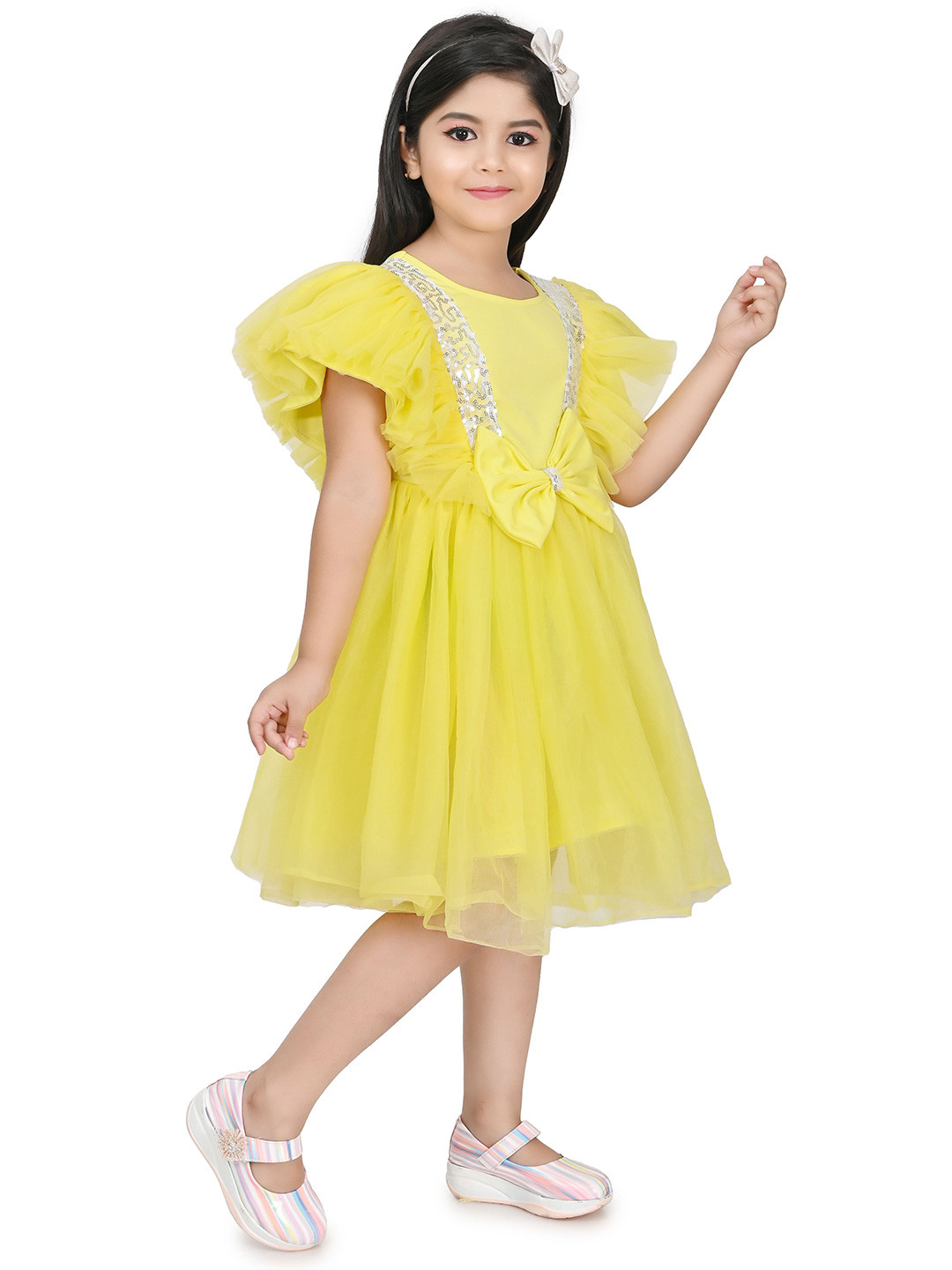 

carrydreams Round Neck Flared Sleeves Gathered Or Pleated Net Fit & Flare Dress, Yellow