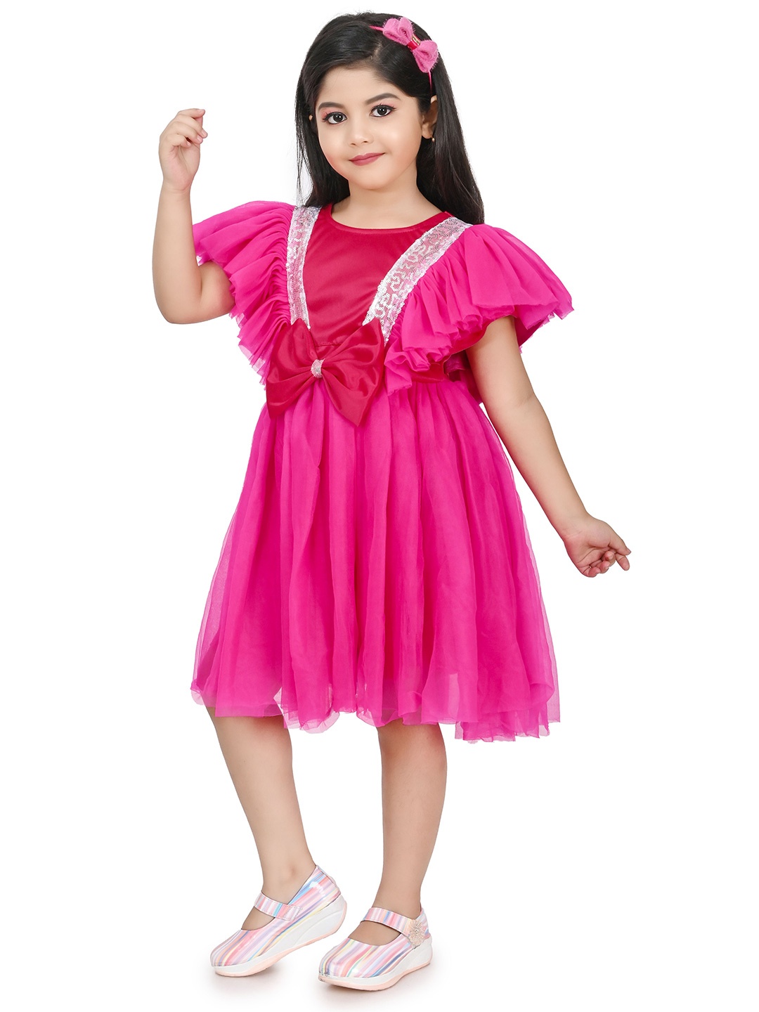 

carrydreams Girls Flutter Sleeves Embellished Bow Detail Net Fit & Flare Dress, Pink