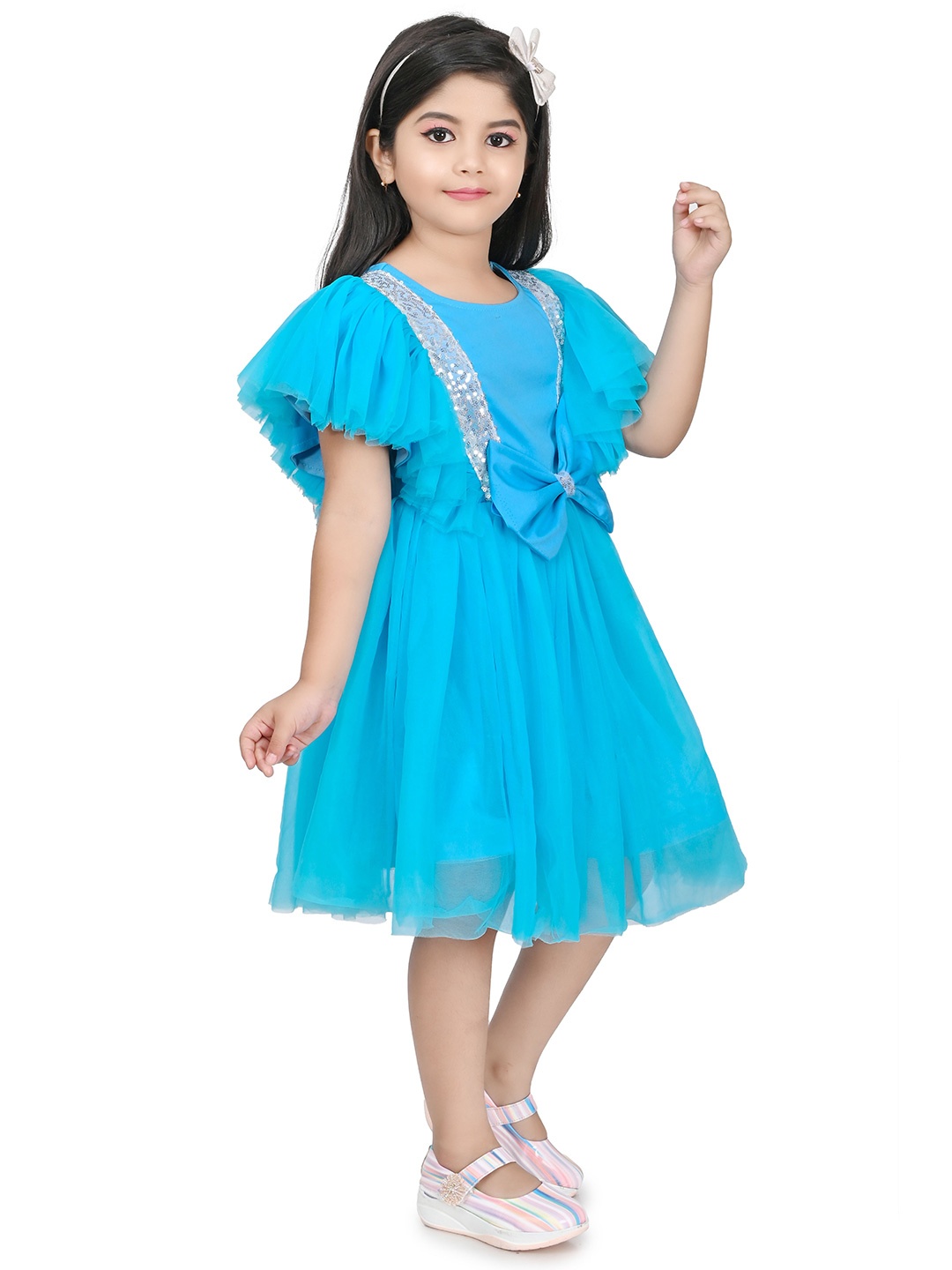 

carrydreams Girls Flutter Sleeves Embellished Bow Detail Net Fit & Flare Dress, Blue