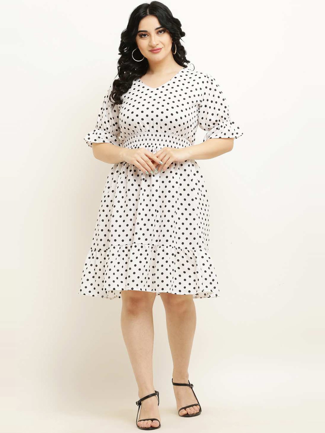 

borse lele Polka Dot Printed Fit & Flare Cotton Dress, White