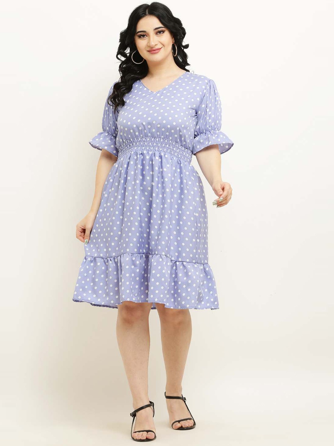 

borse lele Polka Dot Print Bell Sleeve Chiffon Fit & Flare Dress, Blue