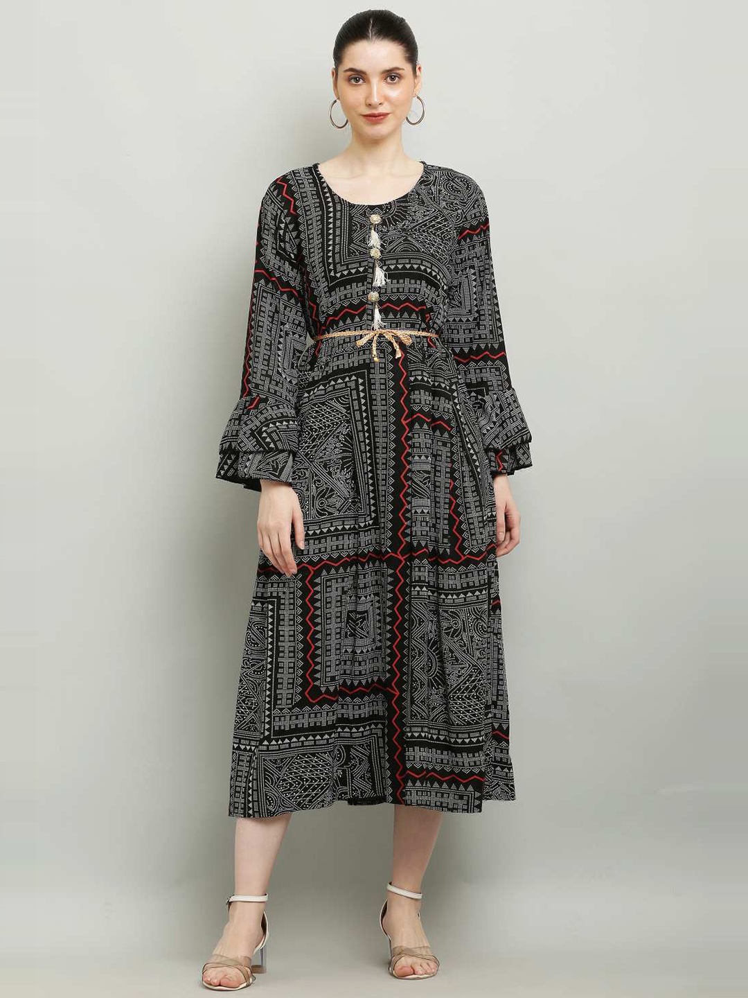 

borse lele Ethnic Motifs Printed Bell Sleeve A-Line Cotton Midi Dress, Black