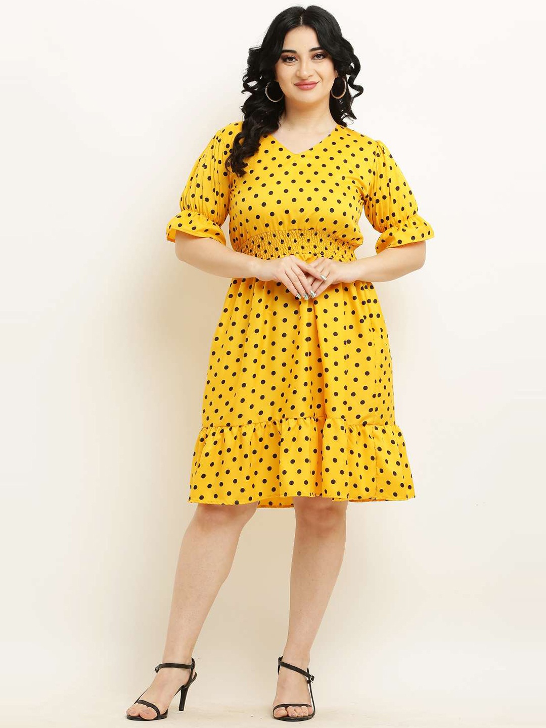 

borse lele Polka Dot Printed Chiffon Fit & Flare Dress, Yellow