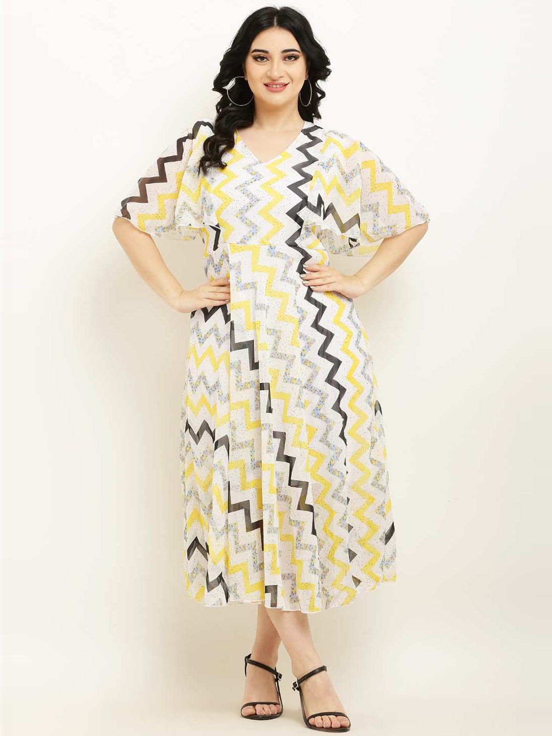 

borse lele Chevron Printed Flared Sleeves A-Line Georgette Midi Dress, Yellow