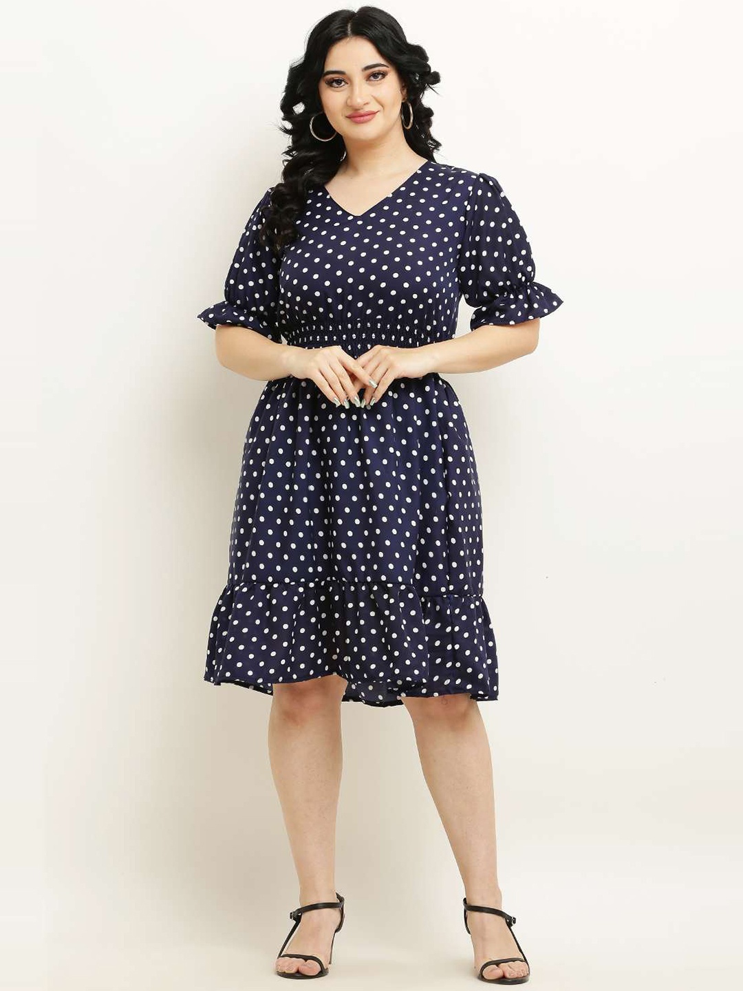 

borse lele Polka Dot Printed Fit & Flare Cotton Dress, Navy blue