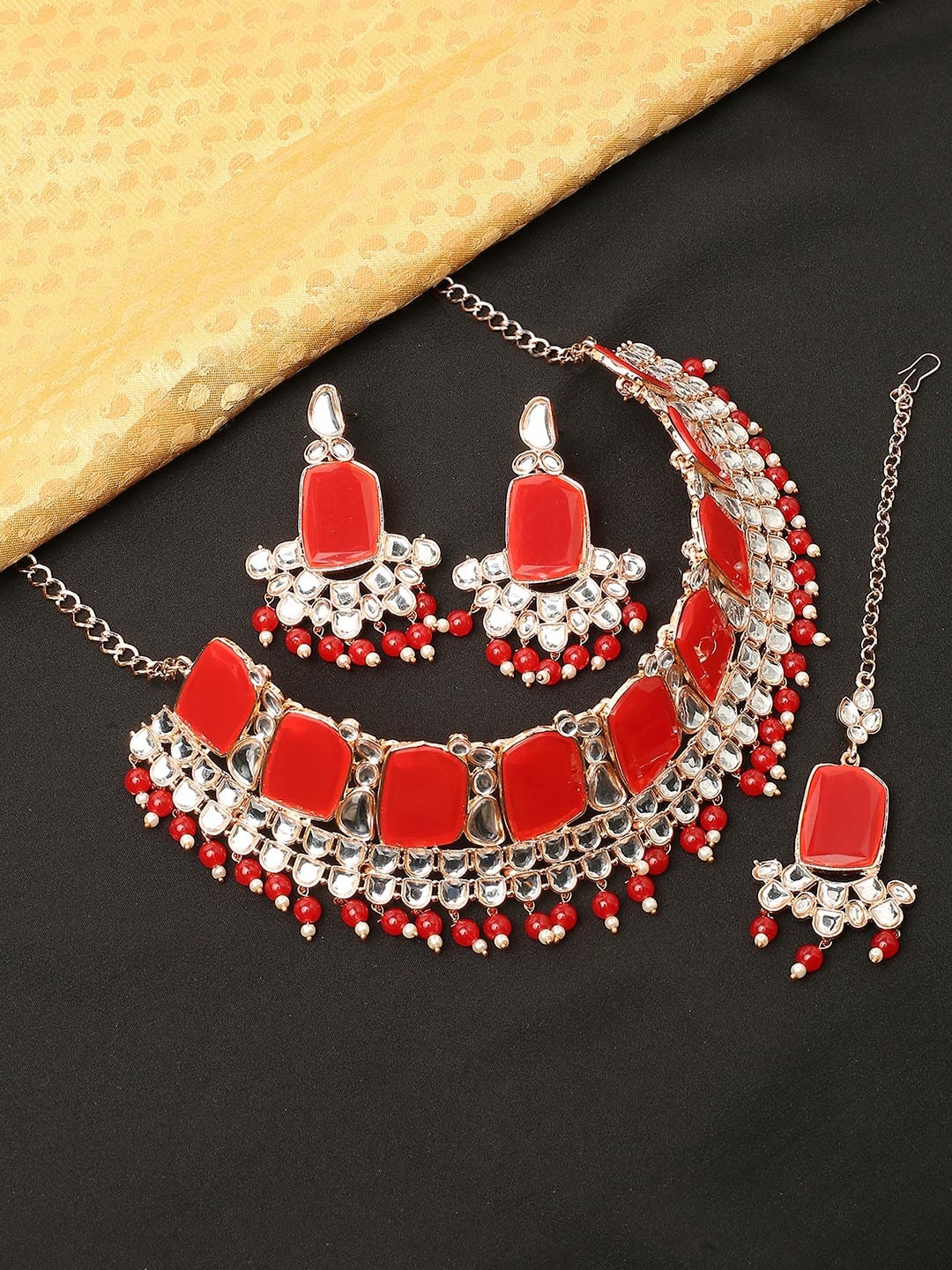 

VATSALYA creation Rose Gold-Plated Stone-Studded & Artificial Beaded Jewellery Set