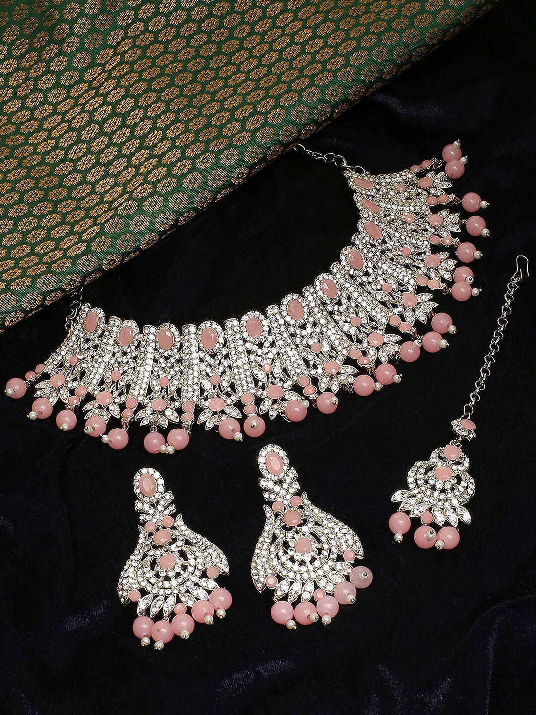 

VATSALYA Creation Silver-Plated Stone-Studded & Beaded Jewellery Set