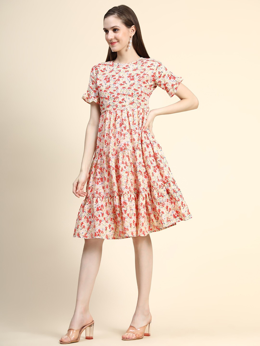 

KALINI Floral Printed Bell Sleeves Tiered Fit & Flare Dress, Cream