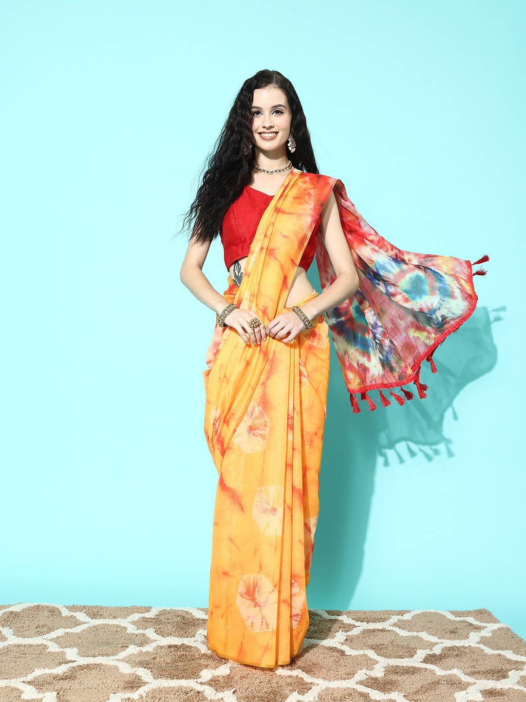 

Silk Land Tie & Dye Organza Chanderi Saree, Mustard