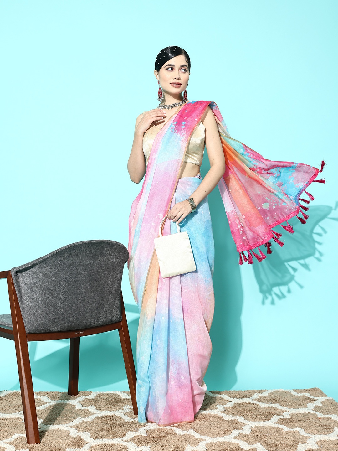 

Silk Land Tie & Dye Organza Chanderi Saree, Pink