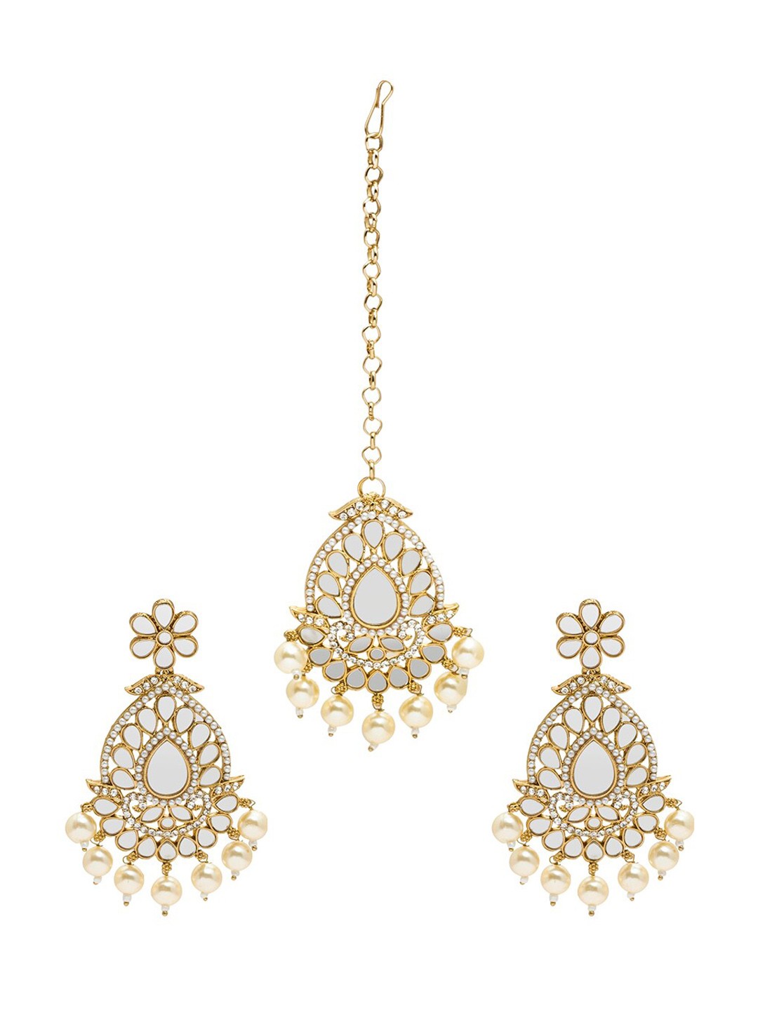 

Shining Jewel - By Shivansh Gold-Plated Kundan-Studded & Beaded Earrings With Maang Tikka