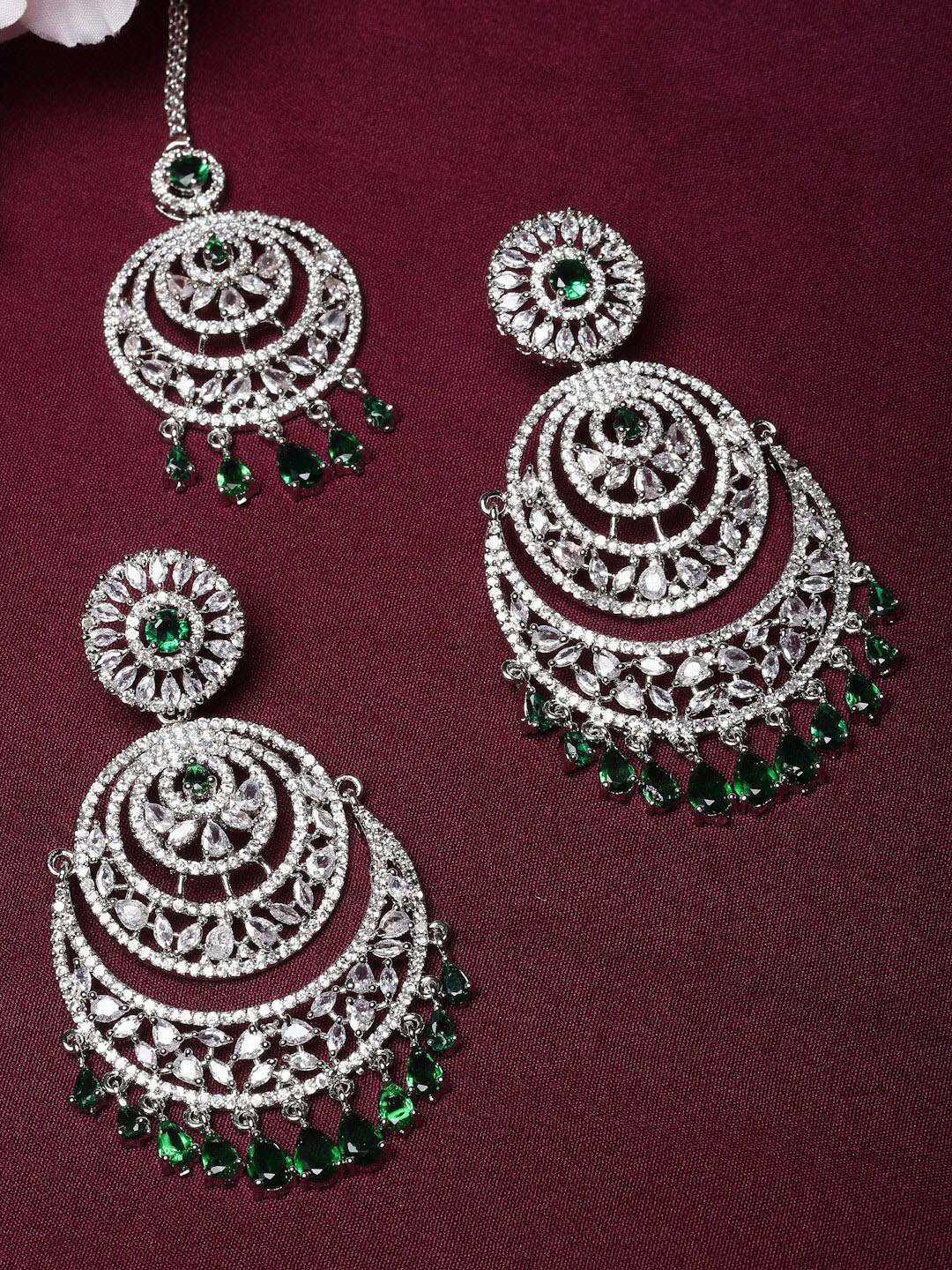 

ZENEME Rhodium-Plated AD studded Maang Tikka Earrings Set, Silver