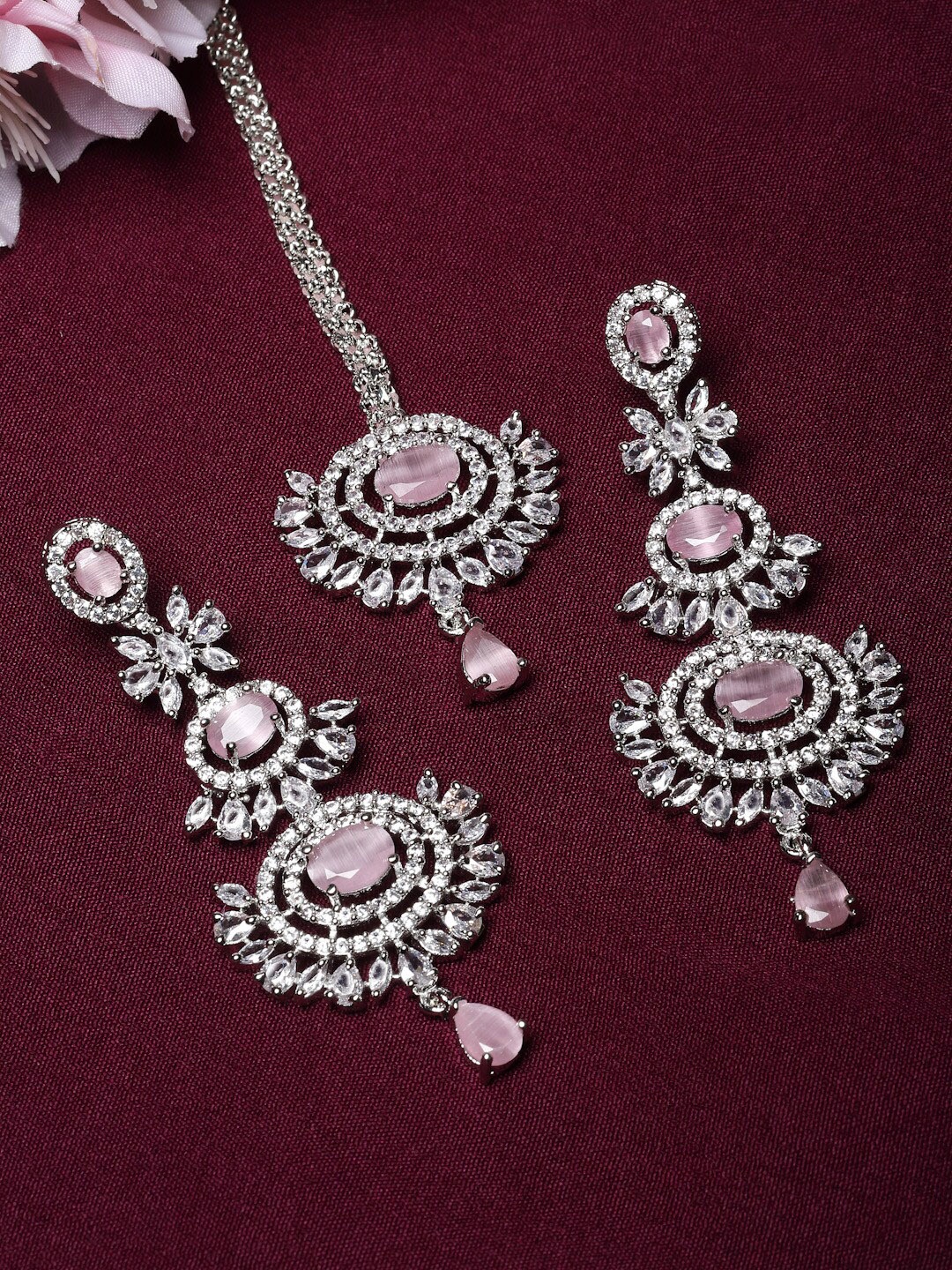 

ZENEME Rhodium-Plated & AD studded Maang Tika with Drop Earrings, Pink