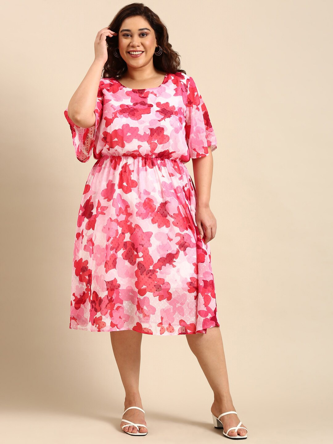 

The Pink Moon Plus Size Floral Printed Flared Sleeve Fit & Flare Midi Dress