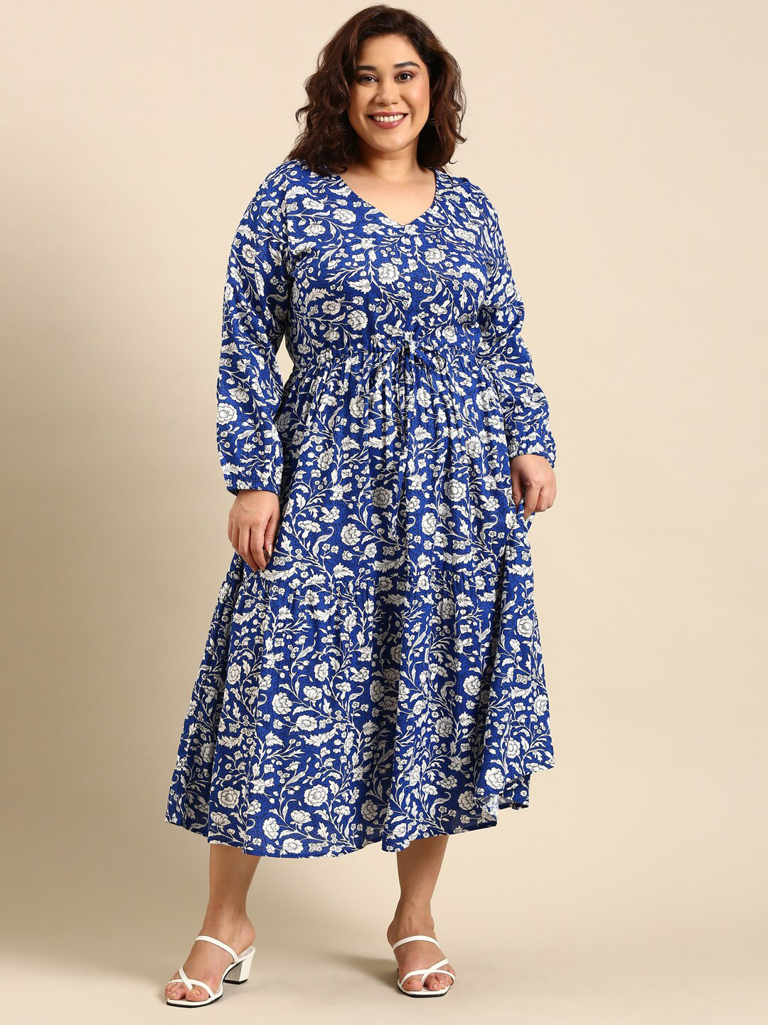 

The Pink Moon Navy Floral Print A-Line Midi Dress, Navy blue