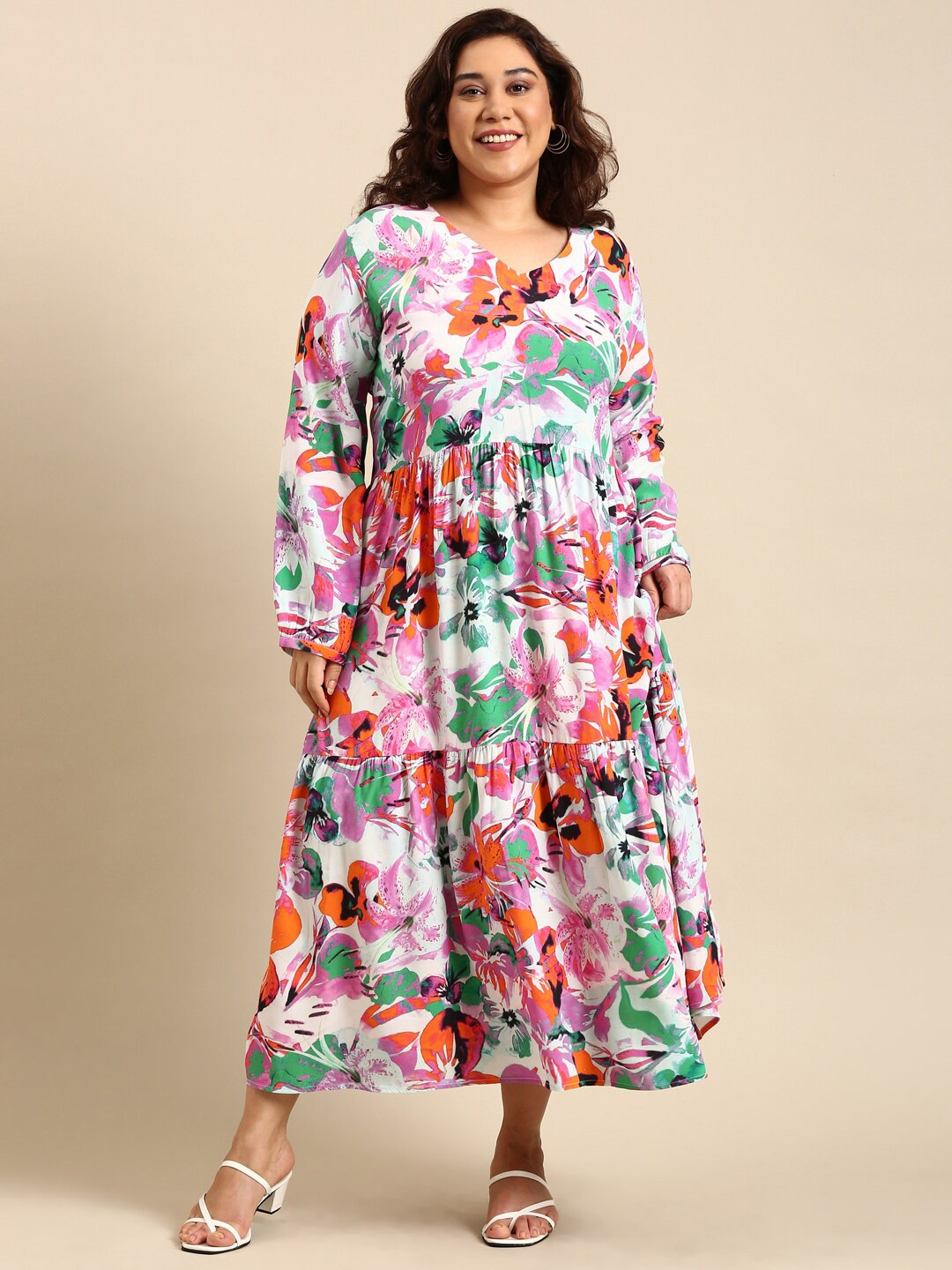 

The Pink Moon Floral Printed V-Neck Fit & Flare Midi Dress, White