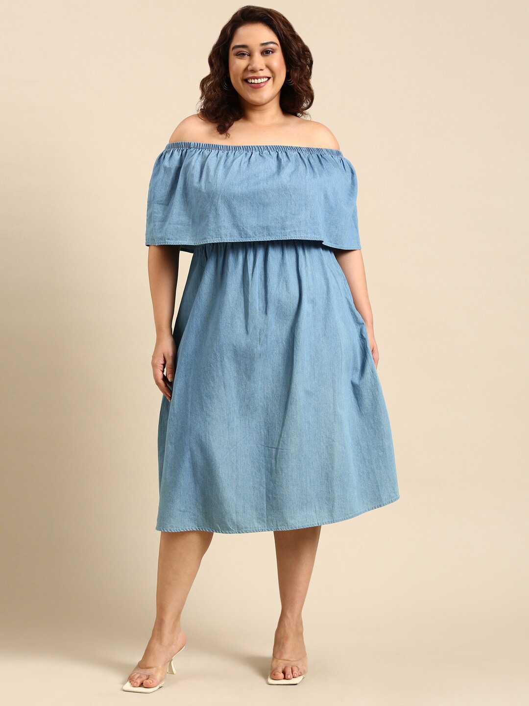 

The Pink Moon Off-Shoulder Cotton A-Line Midi Dress, Blue