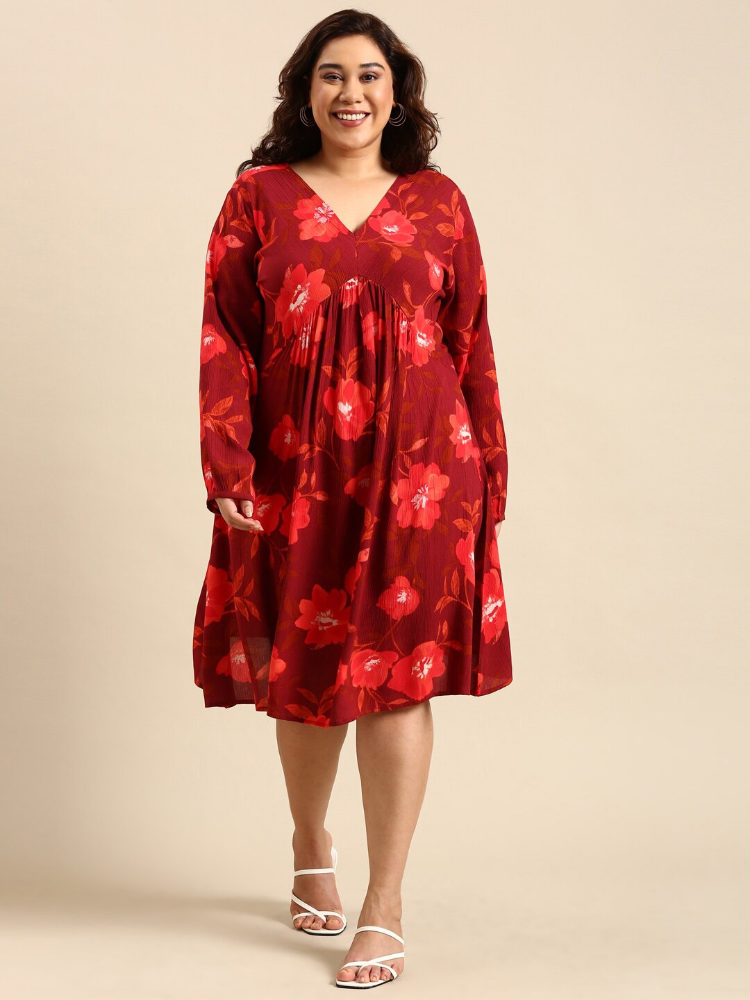 

The Pink Moon Plus Size Floral Printed Empire Dress, Maroon