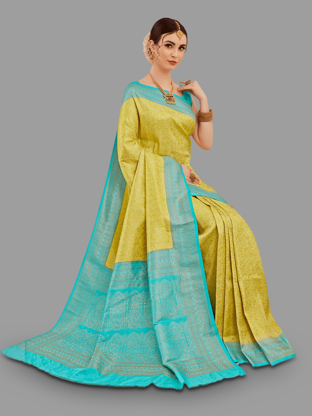 

HASRI Floral Woven Design Zari Pure Silk Kanjeevaram Saree, Yellow