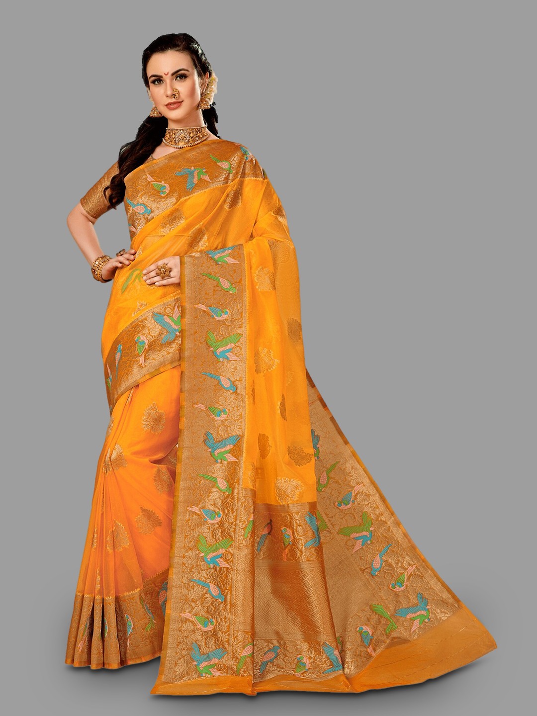 

HASRI Ethnic Motif Woven Design Zari Pure Silk Saree, Orange