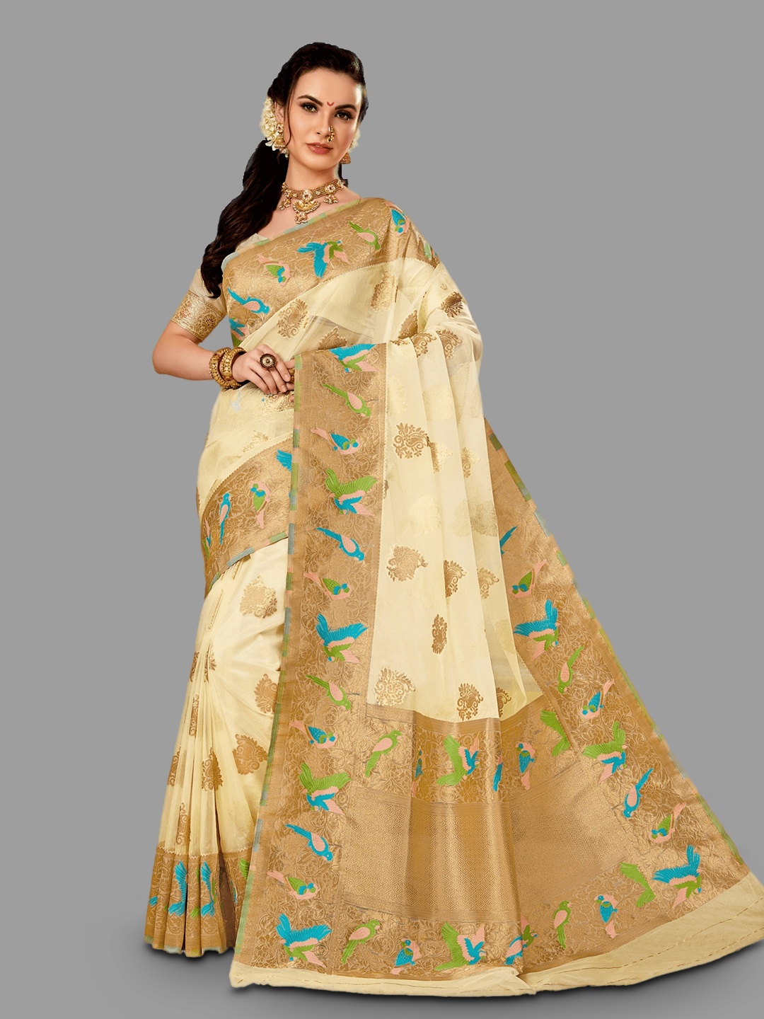 

HASRI Ethnic Motif Woven Design Zari Pure Silk Tussar Saree, Cream