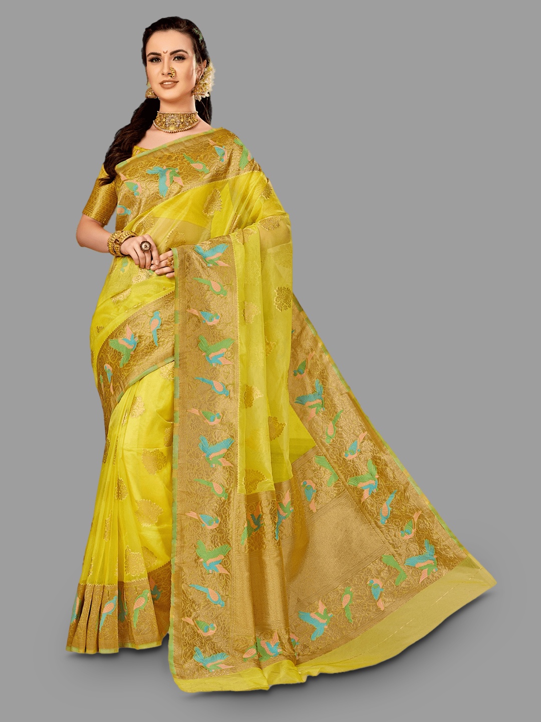 

HASRI Ethnic Motifs Woven Design Zari Pure Silk Tussar Saree, Yellow