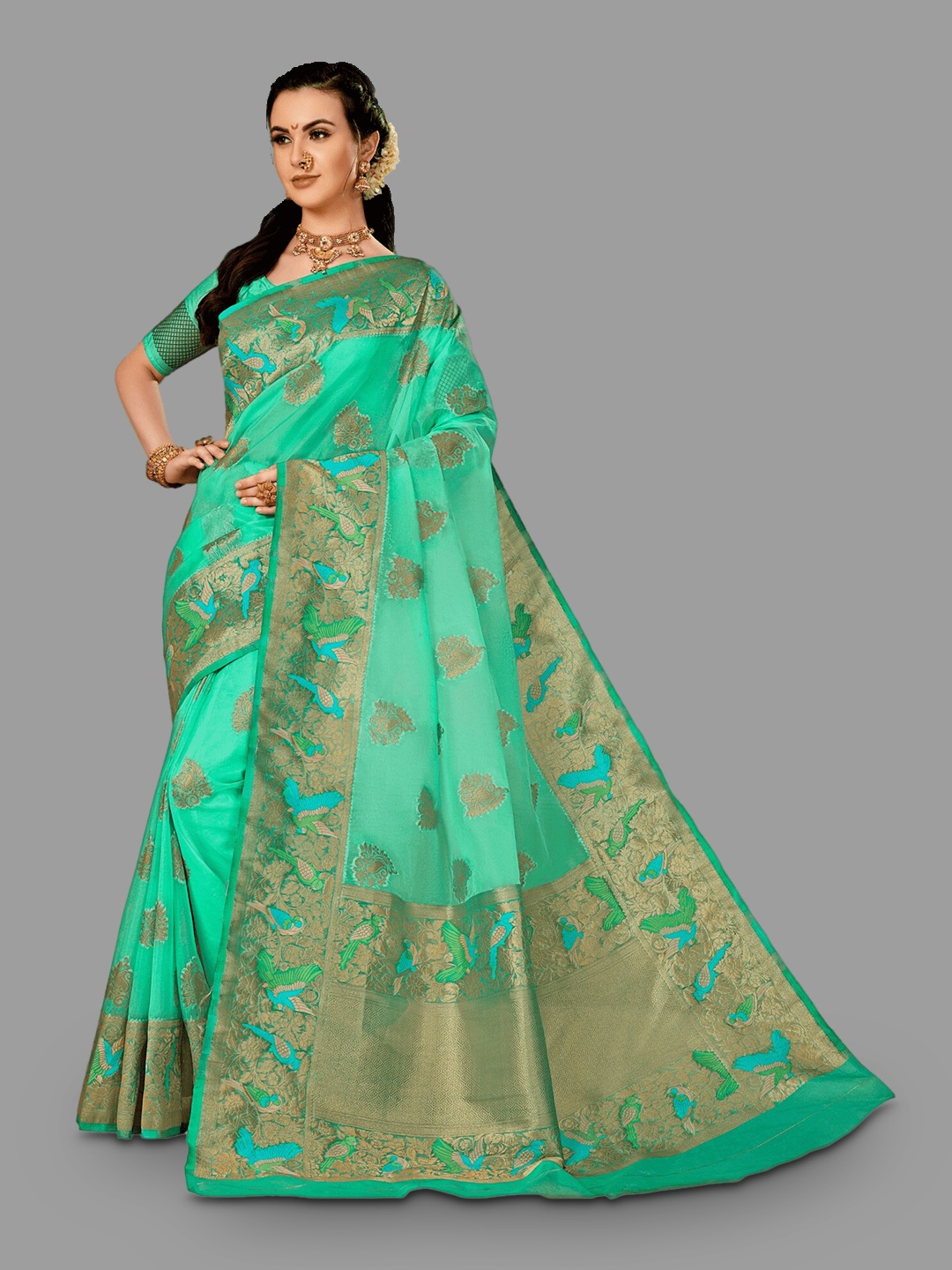 

HASRI Ethnic Motif Woven Design Zari Pure Silk Saree, Green