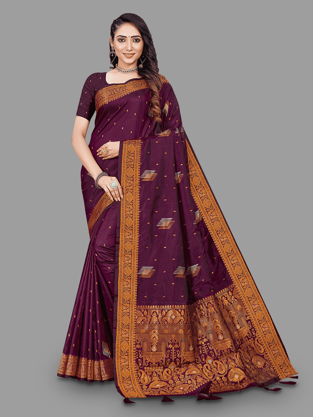 

HASRI Ethnic Motif Woven Design Zari Pure Silk Tussar Saree, Purple