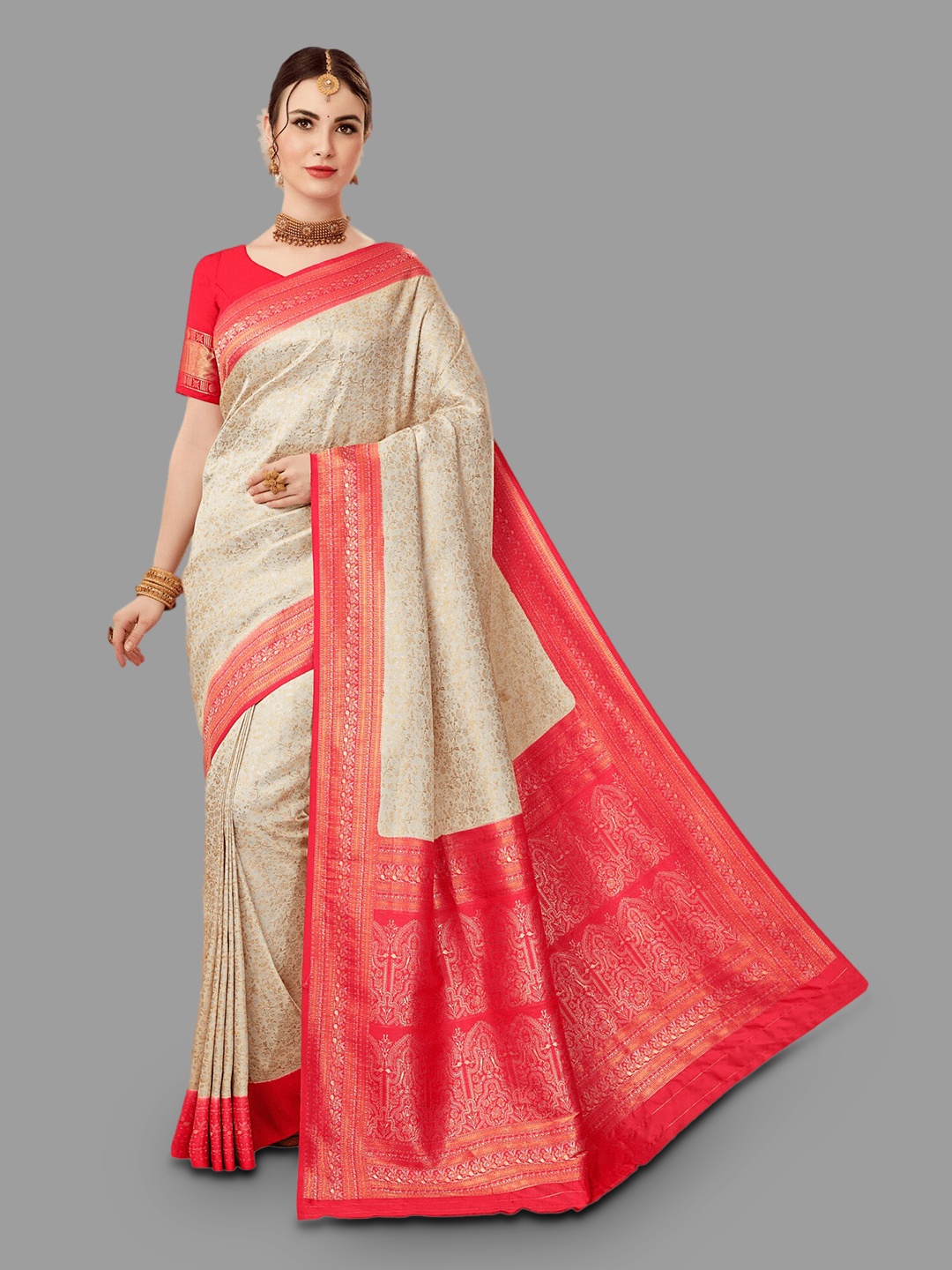 

HASRI Woven Design Pure Silk Kanjeevaram Saree, Cream