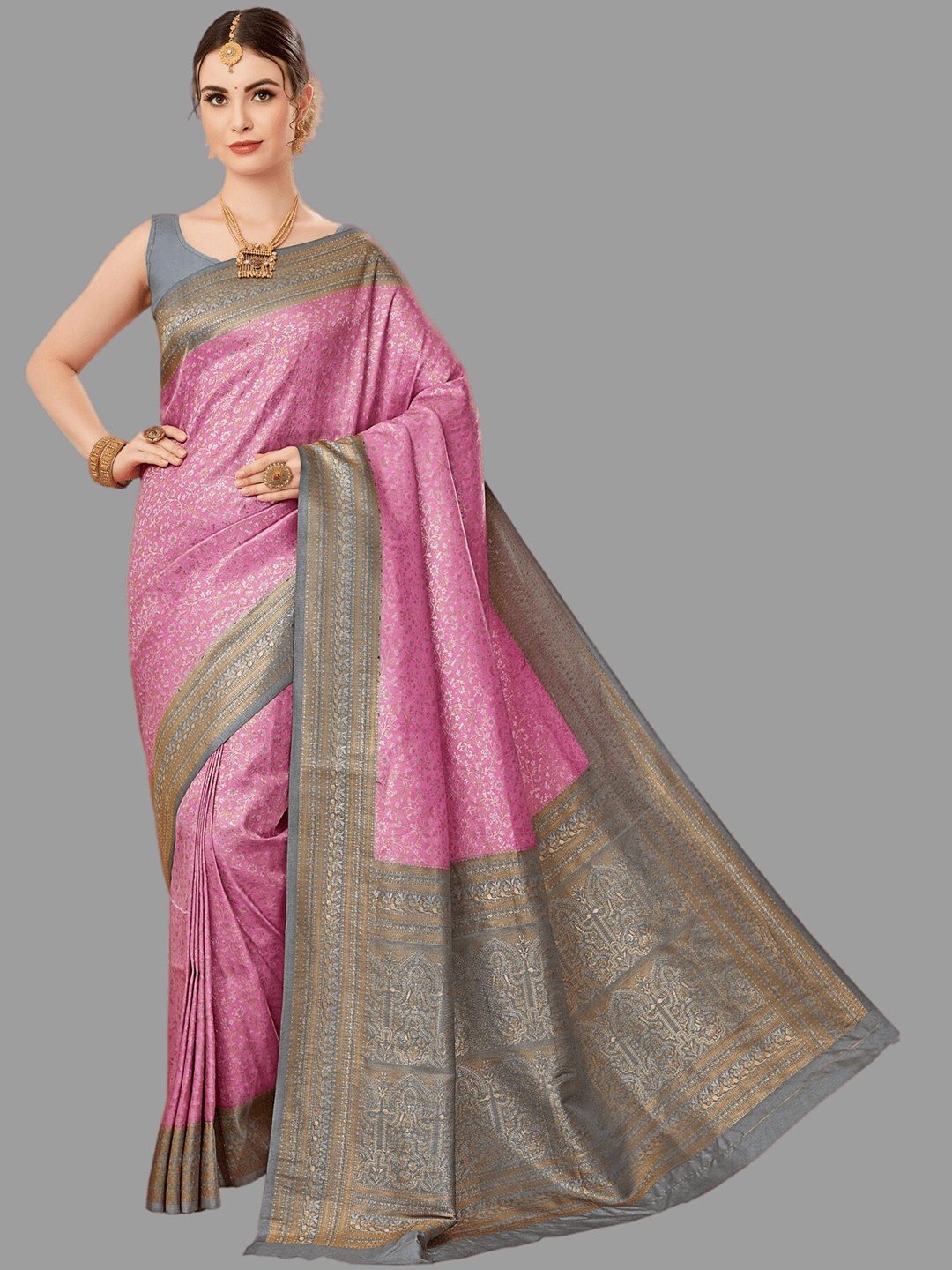 

HASRI Floral Woven Design Zari Pure Silk Kanjeevaram Saree, Pink