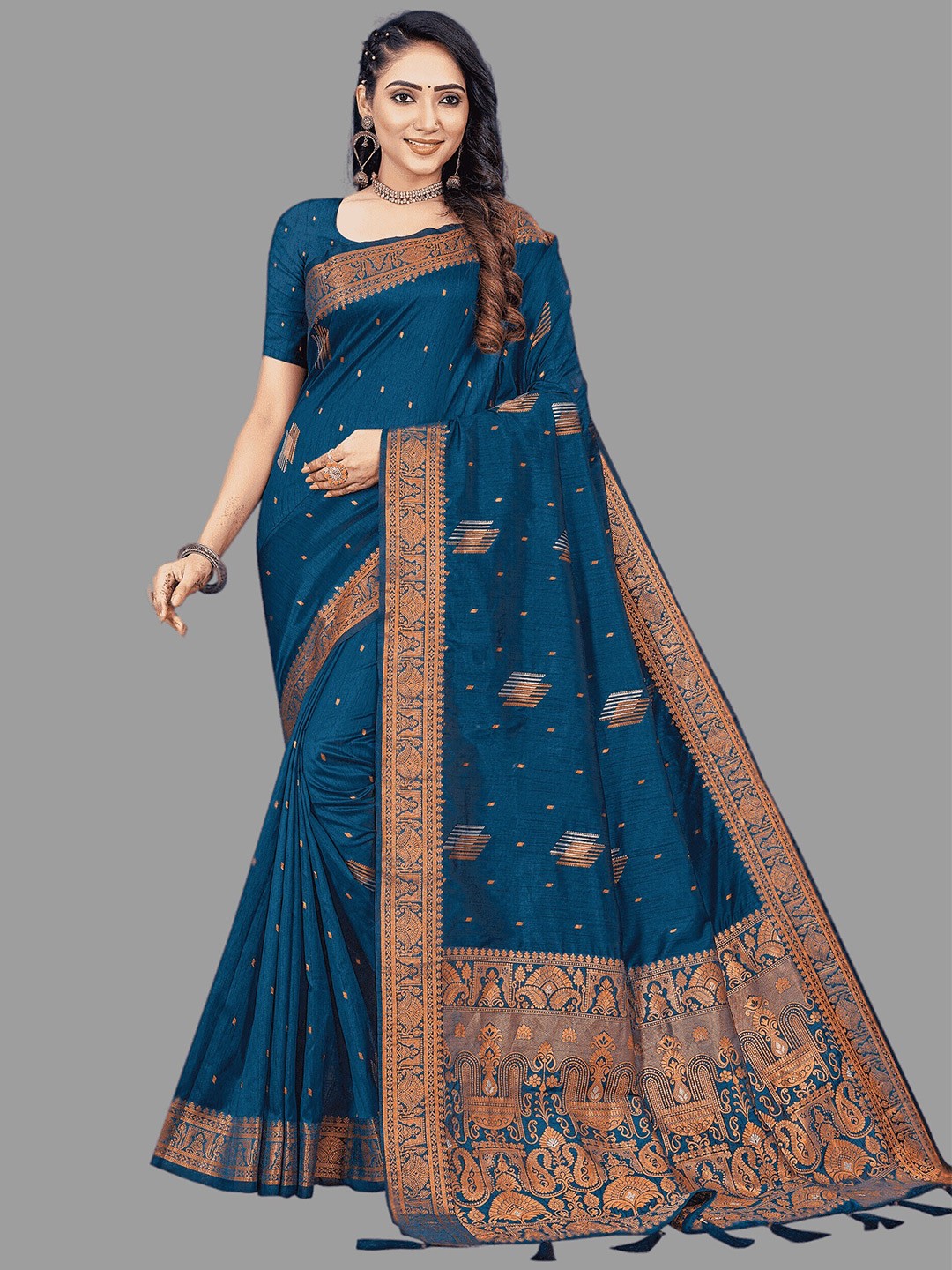 

HASRI Woven Design Zari Pure Silk Tussar Saree, Blue