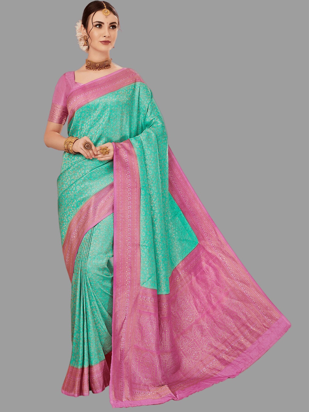 

HASRI Floral Woven Design Zari Pure Silk Kanjeevaram Saree, Green