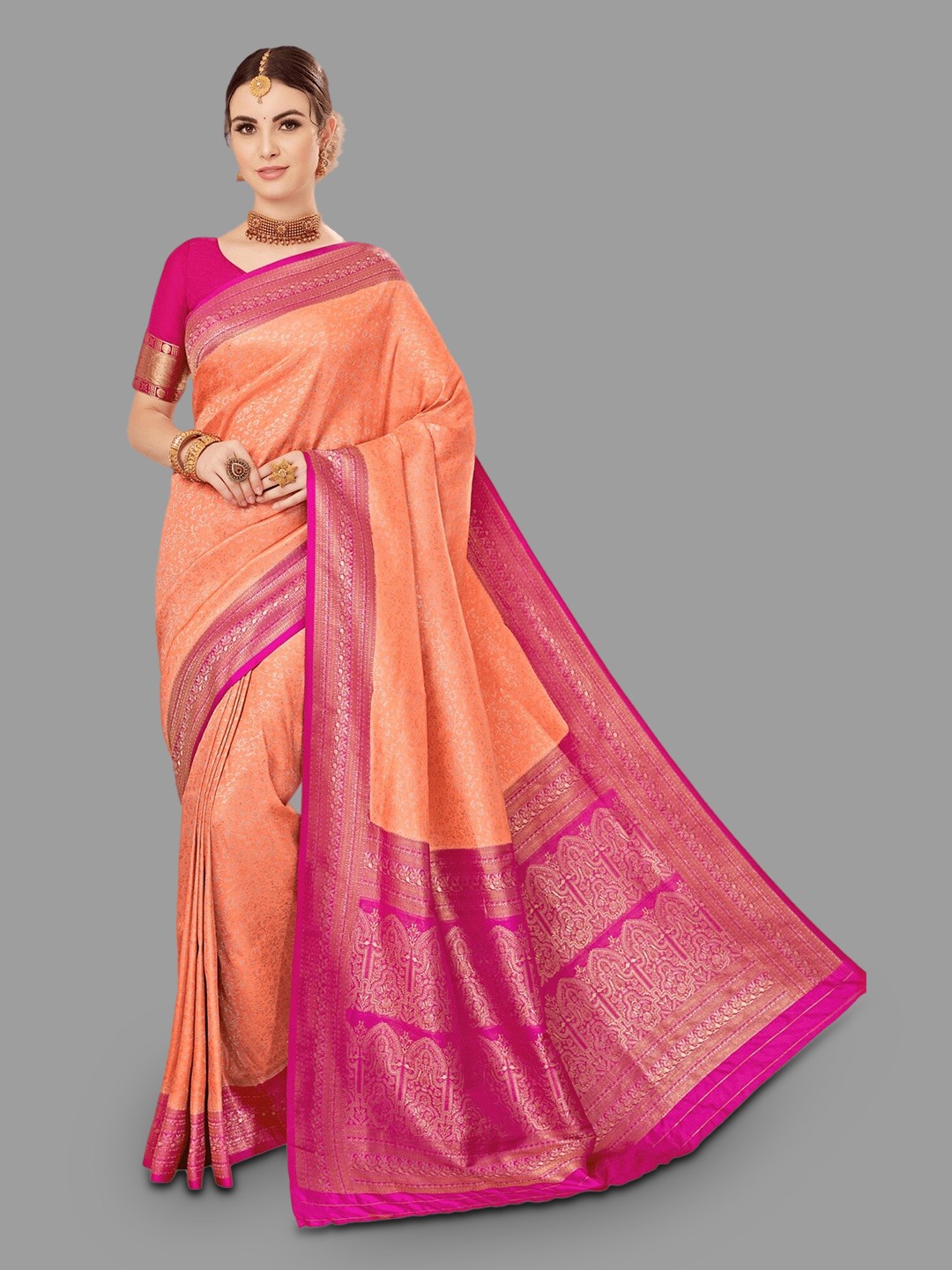 

HASRI Ethnic Motif Woven Design Zari Pure Silk Kanjeevaram Saree, Orange
