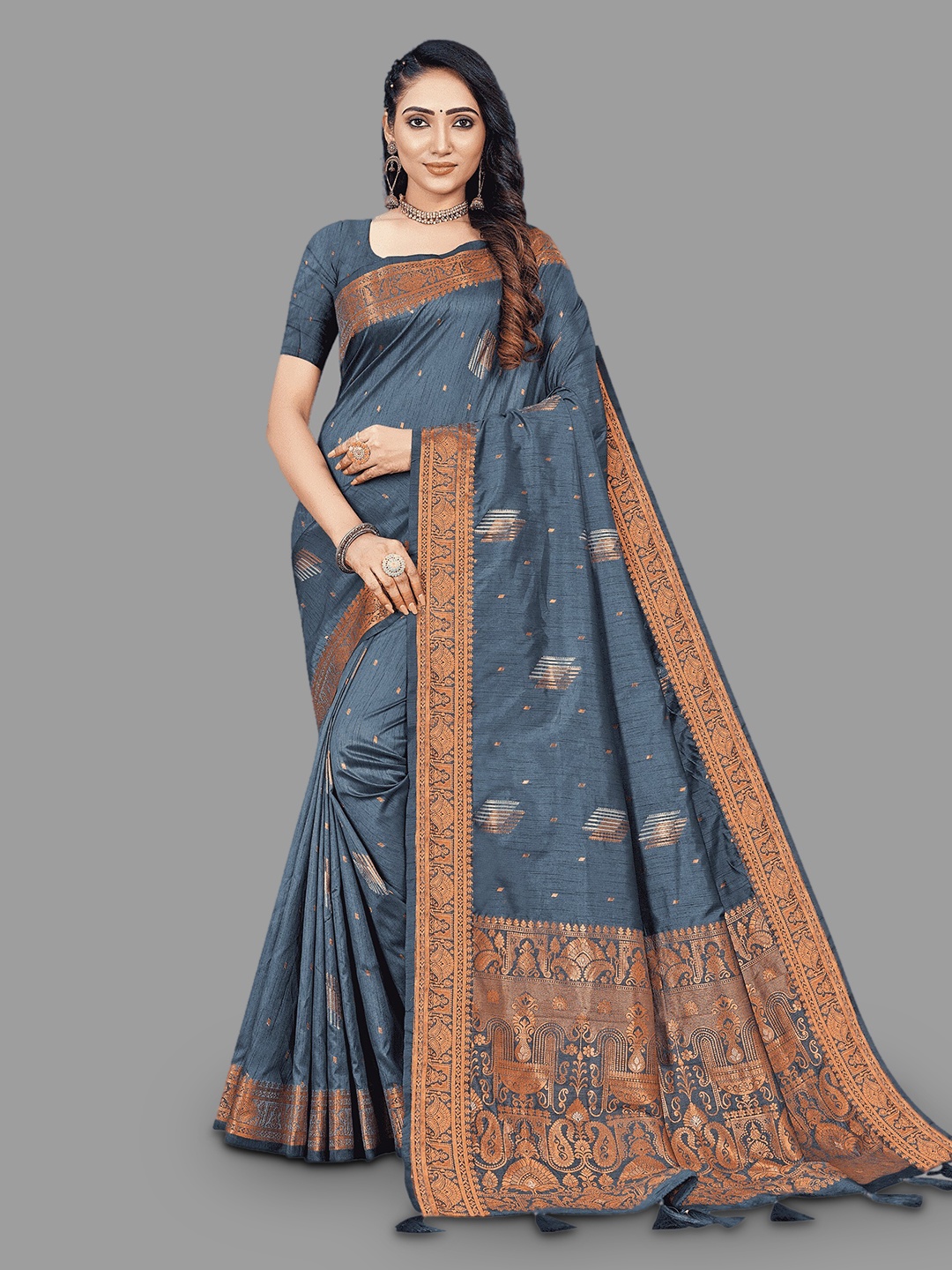 

HASRI Ethnic Motif Woven Design Zari Pure Silk Tussar Saree, Grey