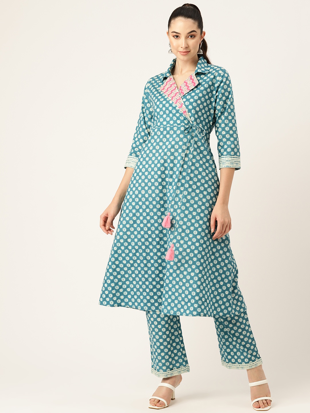 

MISRI Printed Angrakha Mirror Work Pure Cotton Kurta With Trousers, Blue