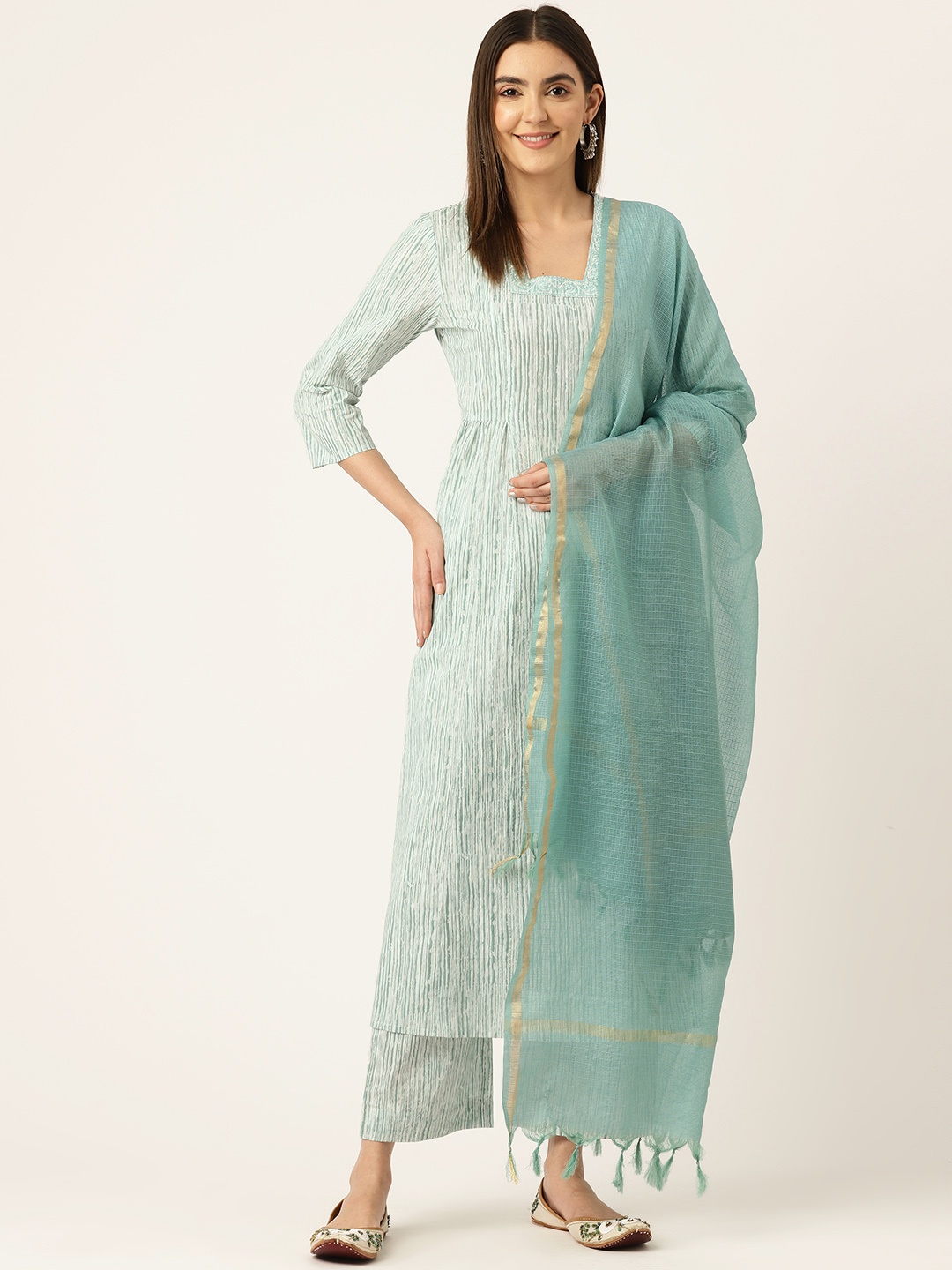 

MISRI Embroidered Regular Beads & Stones Pure Cotton Kurta With Palazzos & Dupatta, Sea green