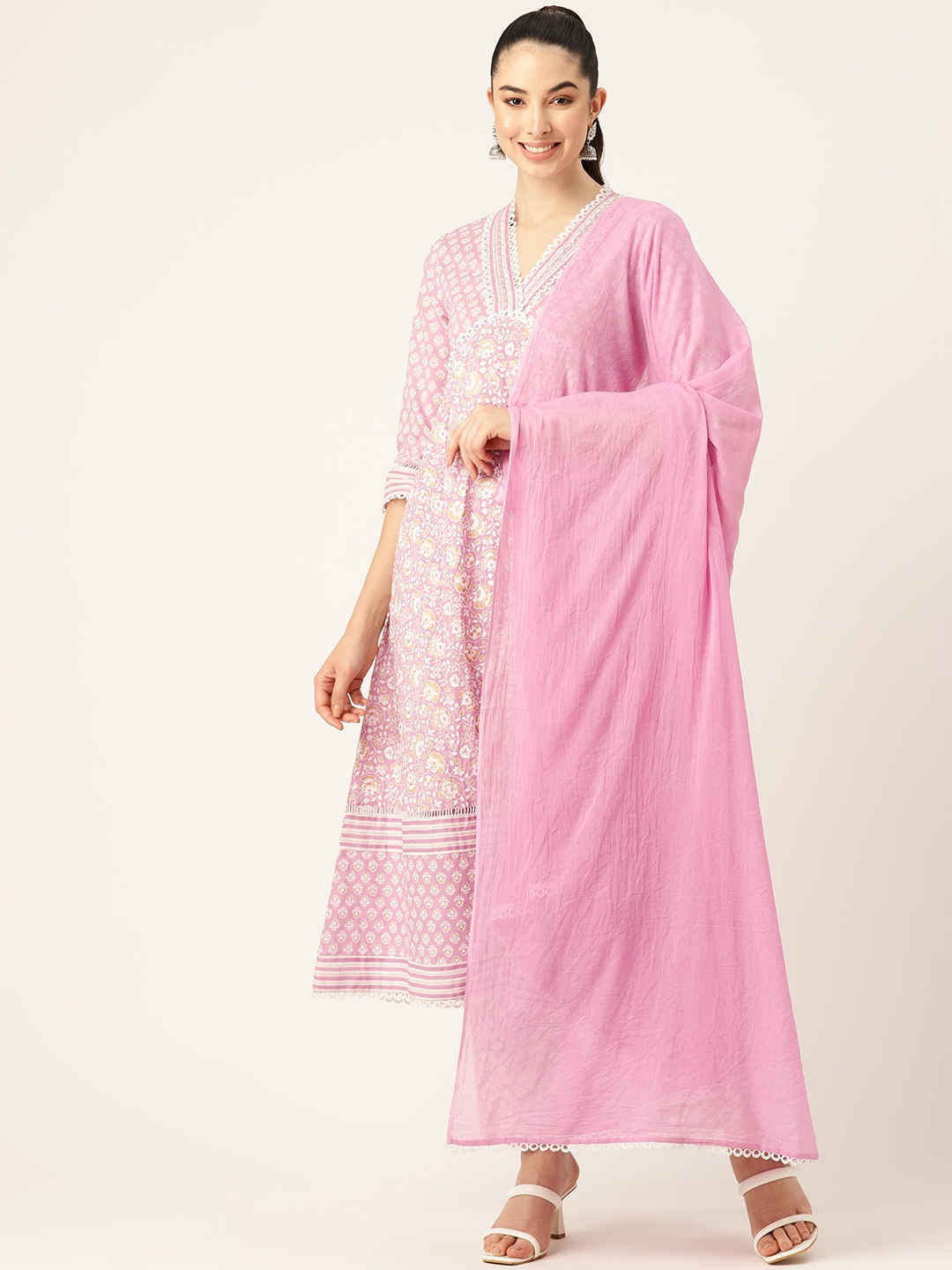 

MISRI Floral Printed Empire Pure Cotton Kurta With Trousers & Dupatta, Pink