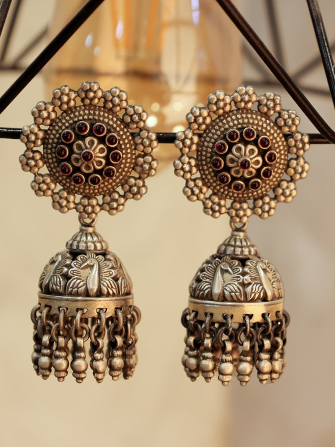 

Shyle 925 Sterling Silver & Gold-Plated Stone-Studded Peacock Shaped Jhumkas Earrings