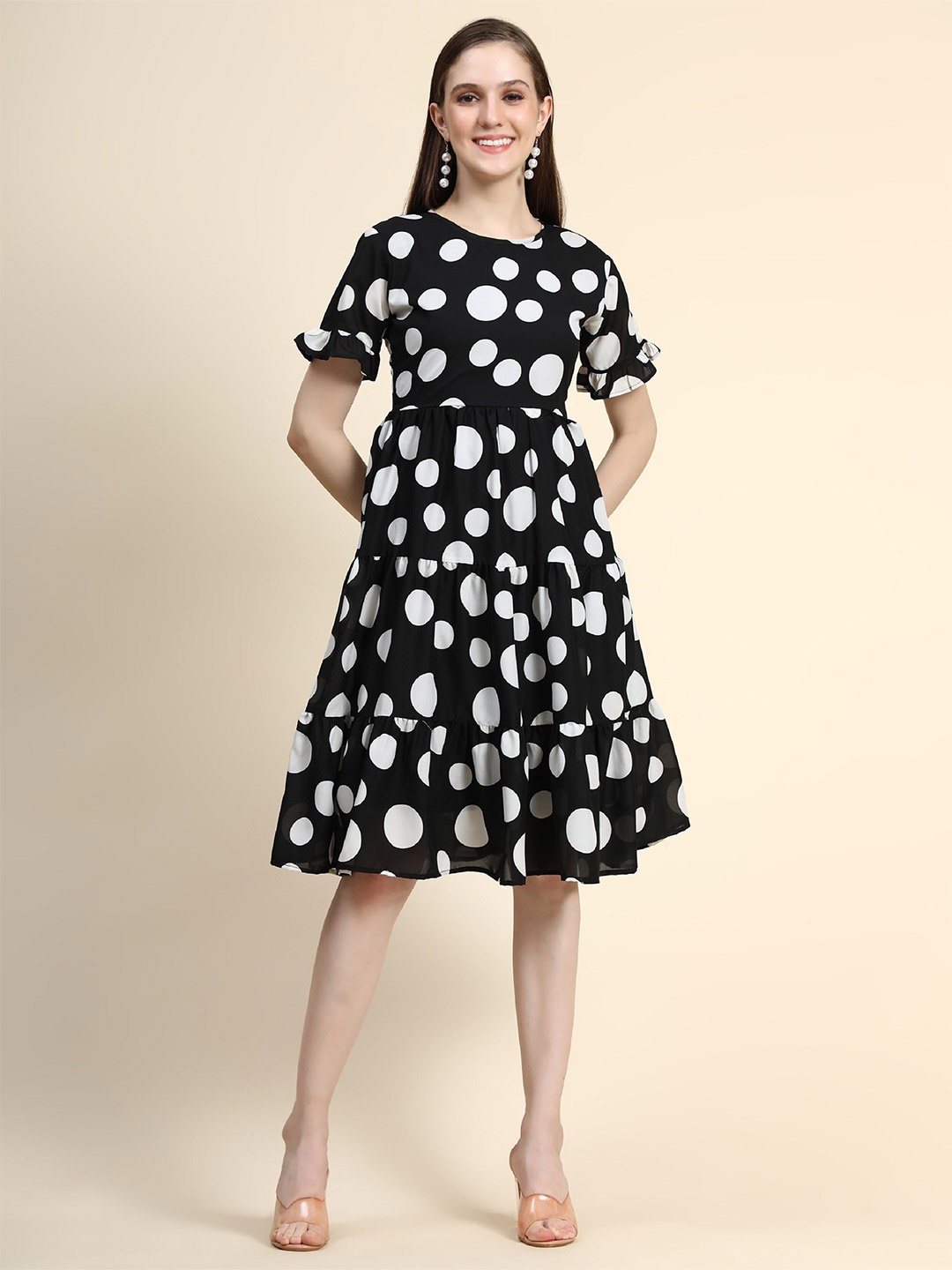 

KALINI Polka Dot Layered Georgette Fit & Flare Midi Dress, Black