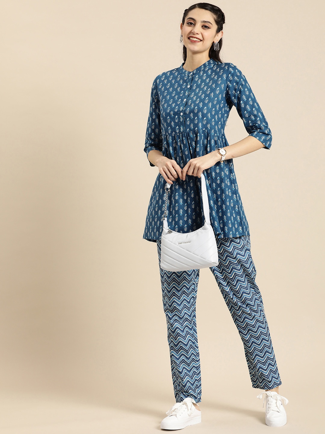 

Anouk Women Blue Printed Pure Cotton Kurta with Trousers