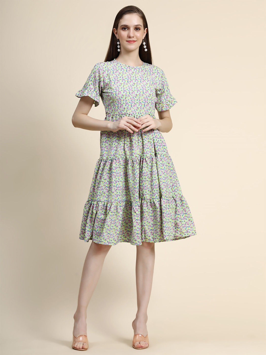 

KALINI Floral Print Layered Georgette Fit & Flare Knee Length Dress, Green